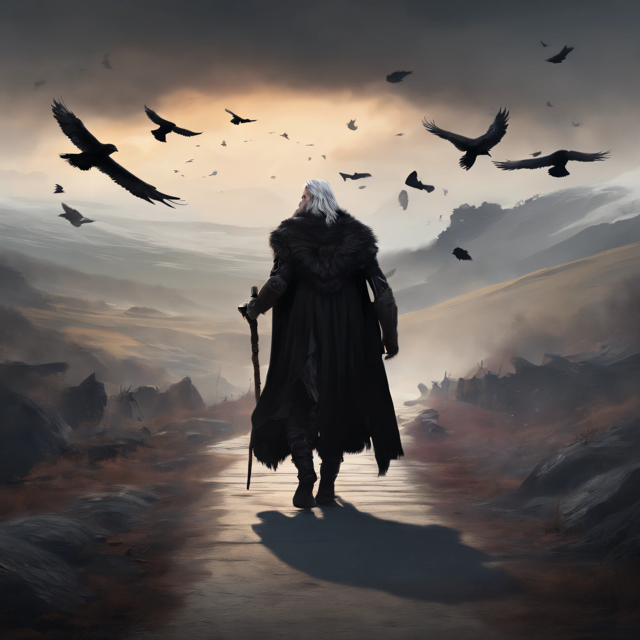 Norse god Odin wearing black cloths walking across an ancient road and being accompanied by crows