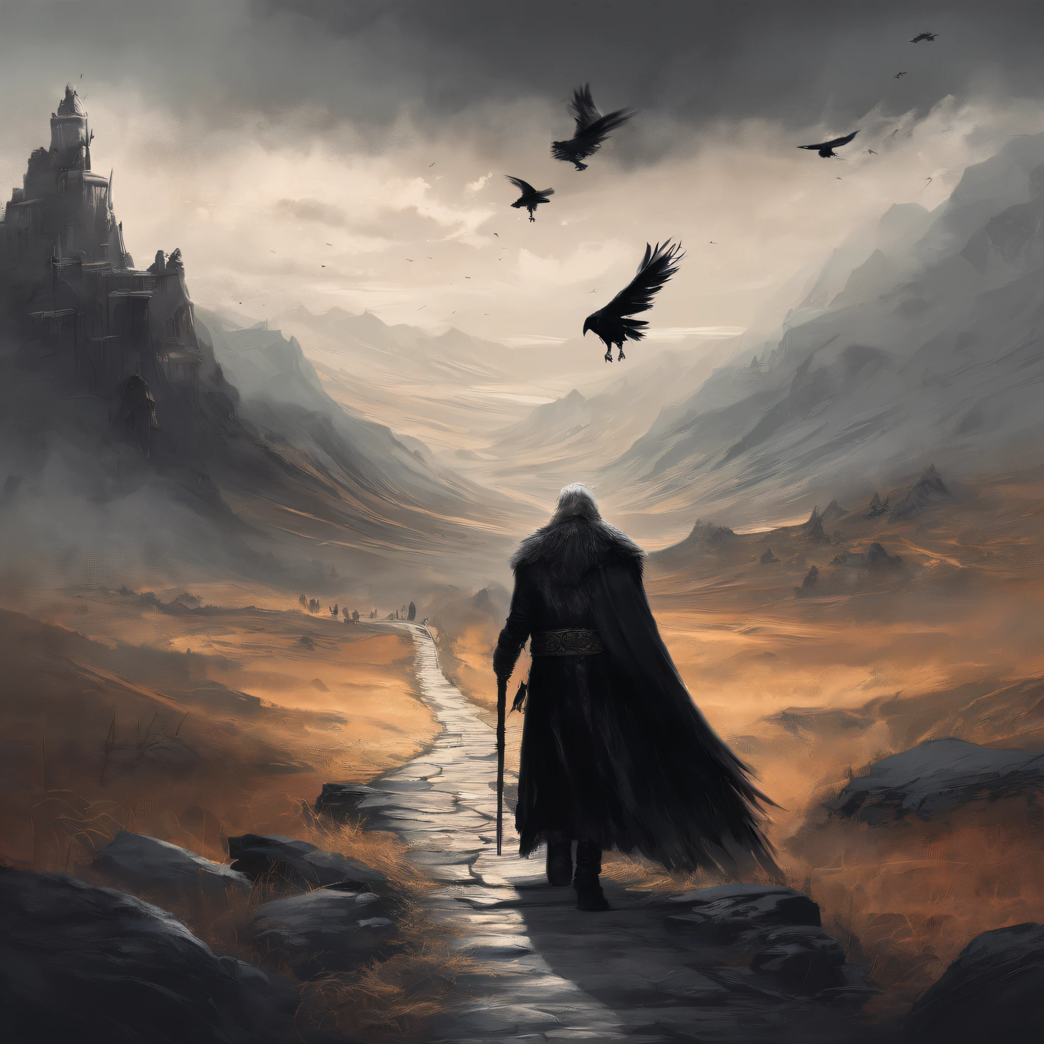 Norse god Odin wearing black cloths walking across an ancient road and being accompanied by crows