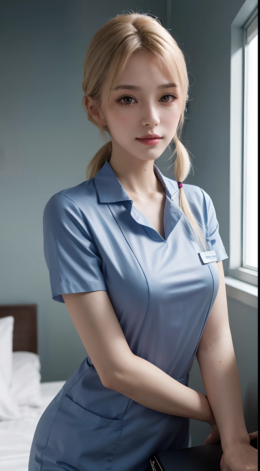 8K, RAW photos, Best quality, Masterpiece: 1.2),(best qualtiy,8K, Yes,32K,masterpiece,hyper HD:1.2) , 20 years old, Generate a highly detailed and realistic 4K description of a woman in a nurse’s uniform inside a hospital room, emphasizing every detail, from her attire to the surrounding environment, skinny body, perfect body, beautifull face, asian face, glowing skin, cleveage breast, nurse uniform, name tag, blonde hair, pigtail, bangs, sexy pose