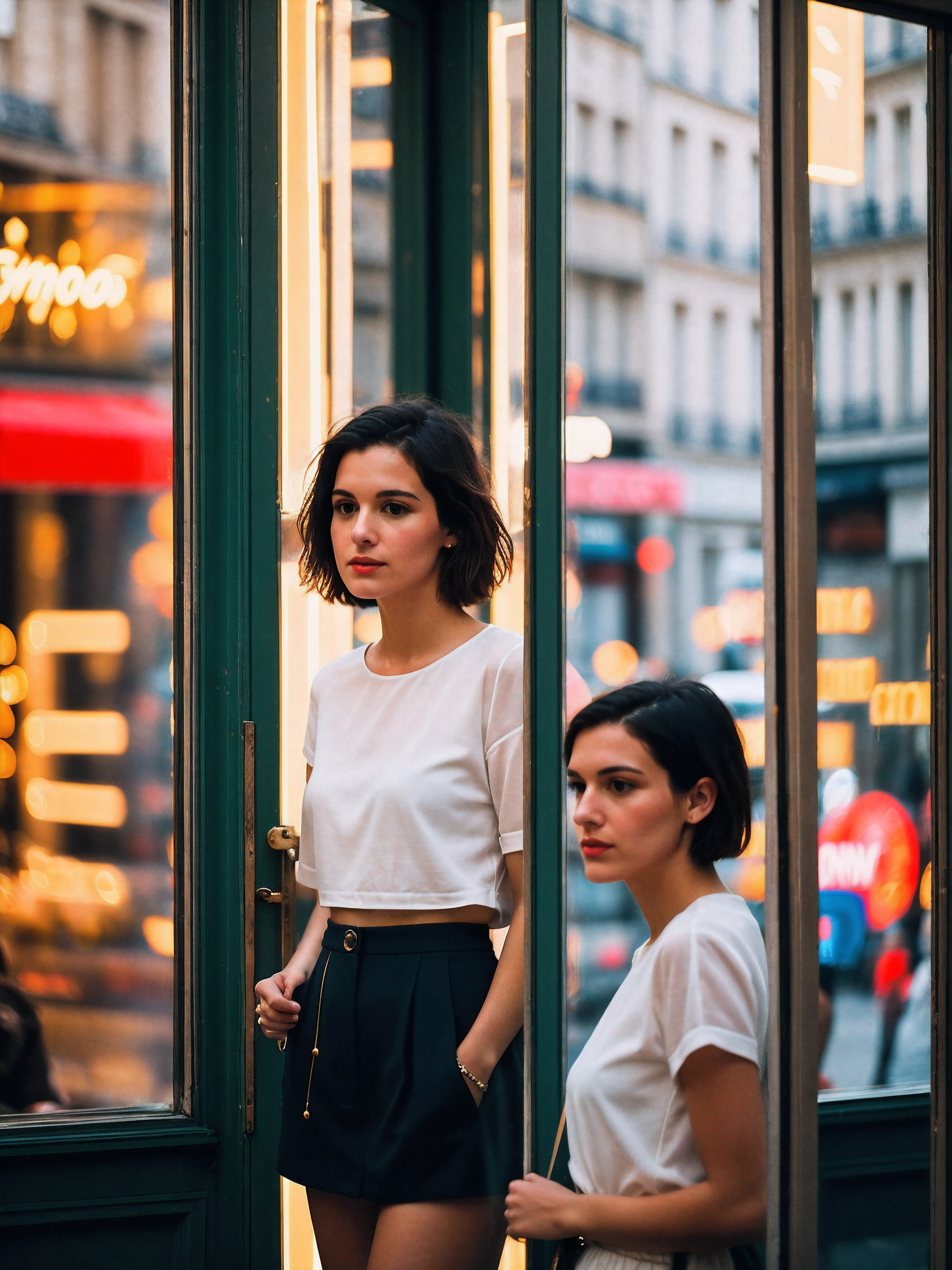 Street photography photos of stylish french girls, with short hair, Capture her reflection on the storefront while shopping in the window, Upper body frame, On the quaint streets of Paris, Neon signs with shop signs, Shoot from a high angle, On the Sony A7111, with a (Bokeh effect:1.3),(In the style of Gary Vinograd:1.4)