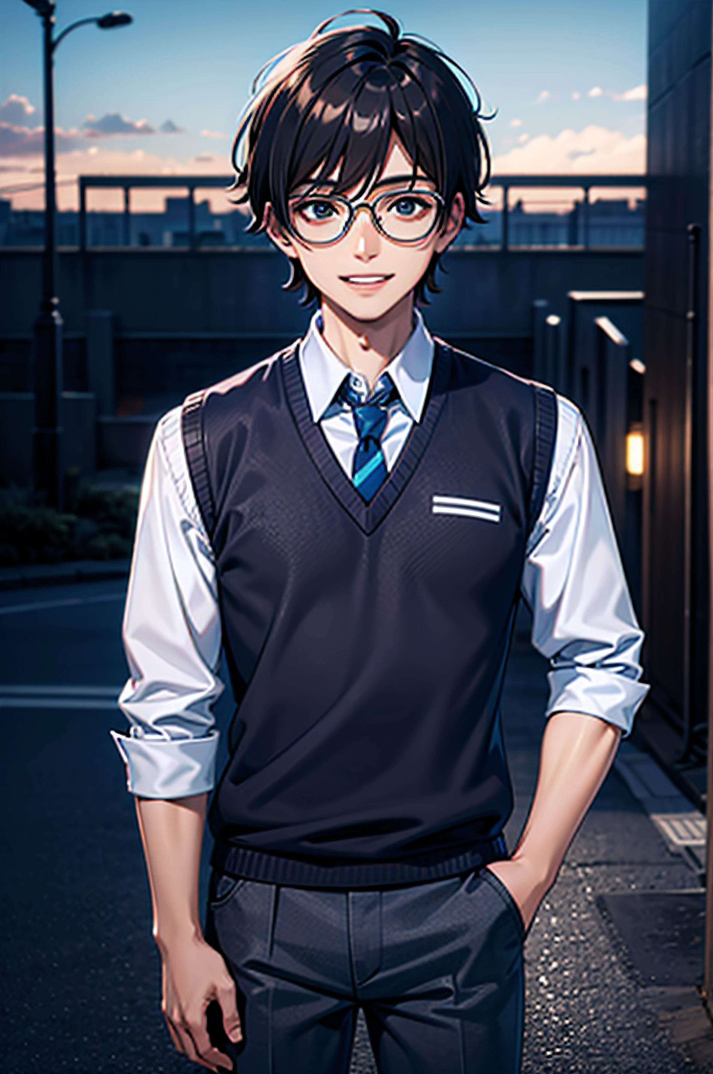 Best quality, masterpiece, 4k, 8k, ultrasharp, high quality, urban city, 1boy, 17 year old boy, tall boy, looking at viewer, standing straight, smiling with teeth open, beautiful face, lips and nose, beautiful black eyes, messy short brown hair, wearing cyan sweater vest, white long polo sleeves, a neck tie, white circle glasses, dark blue pants, high resolution, ultrasharp, 4k, 8k, best quality