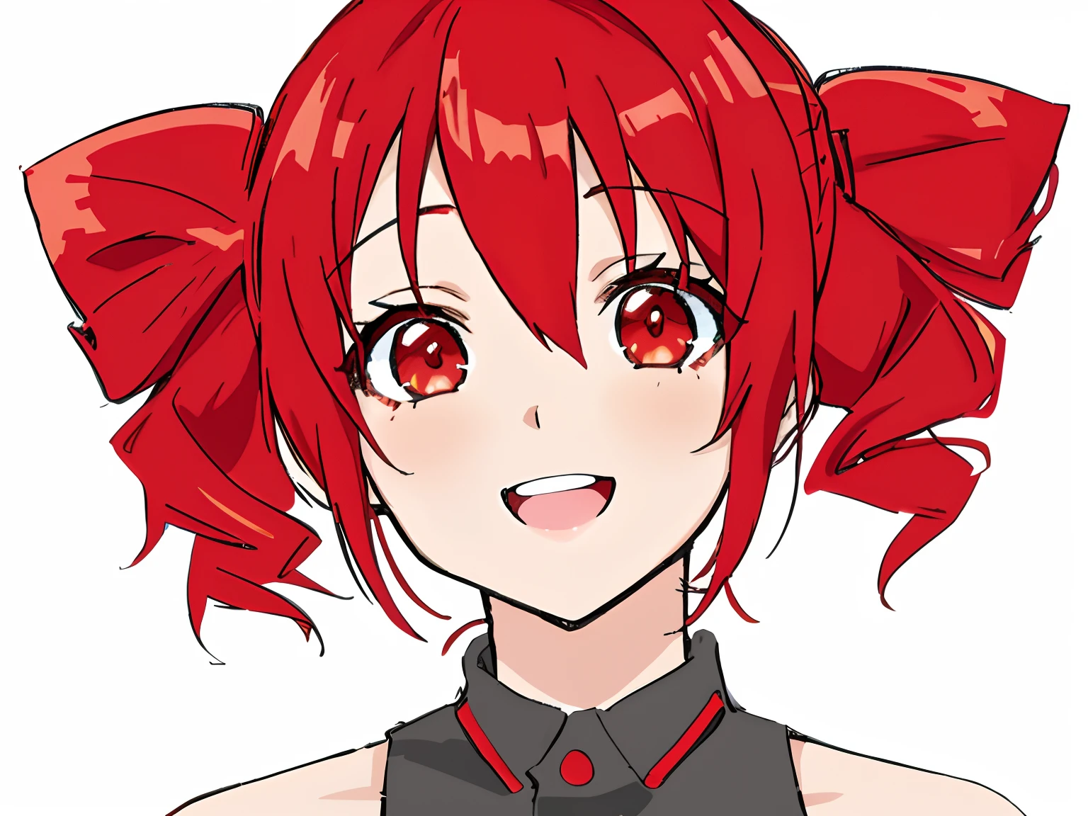 anime girl with red hair and red eyes in a black shirt, ((red)) eyes, crimson red hair and red eyes, with red glowing eyes, yayoi kasuma, with glowing red eyes, in an anime style, in anime style, red eyes, with red hair, anime style character, gapmoe yandere, teto kasane