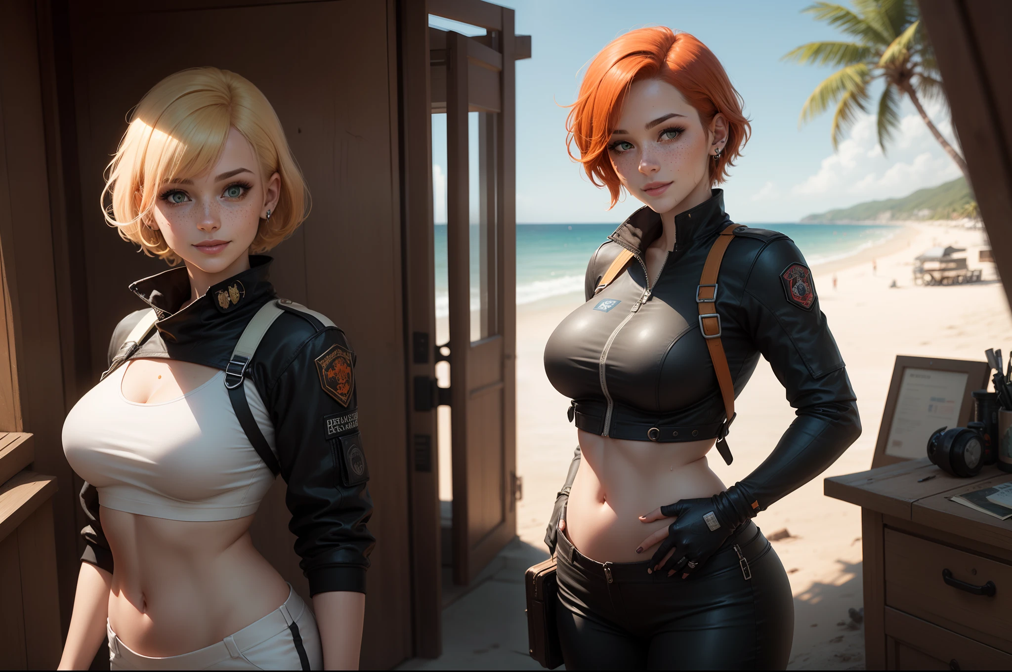 gwen tennyson,1girl,tracer,y'shtola rhul,yorha 2b,atelier ryza,resident evil,close up,mecha pilot,ocean view,fireworks,tattoos,red and orange plugsuit,white short sleeve silk top,light gray cargo pants,uncovered belly,short hair,cute makeup,green eyes,dimensional blonde and orange hair,shy smile,freckles, redhead,beautiful girl,large breasts, ultra detailed,realistic,fantasy art, military uniform,steel armor,palm trees,moonlight,police uniform,pilot jacket,ear piercings,hair pin,wet body, portrait close up,beach cabin,solo girl,