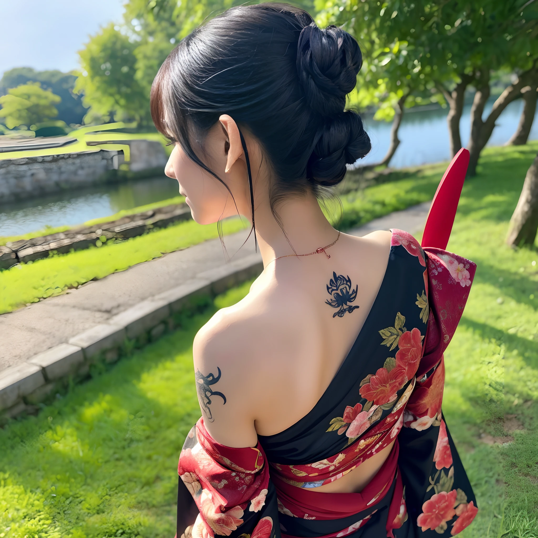 masutepiece, of the highest quality, Best Quality, Official art, Beautiful and aesthetic:1.2),1girl in, The tattoo, Solo, Komono, Red and black kimono, Hair Ornament, unsheathing, Black hair, scabbard, back tattoo, Dragon tattoo, Blue eyes, off shoulders, Bare shoulders, Looking back, from behind, flower, Looking at Viewer, Holding, makeup, plein air,Japan Oiran、Ultra-detail and detail in high quality、