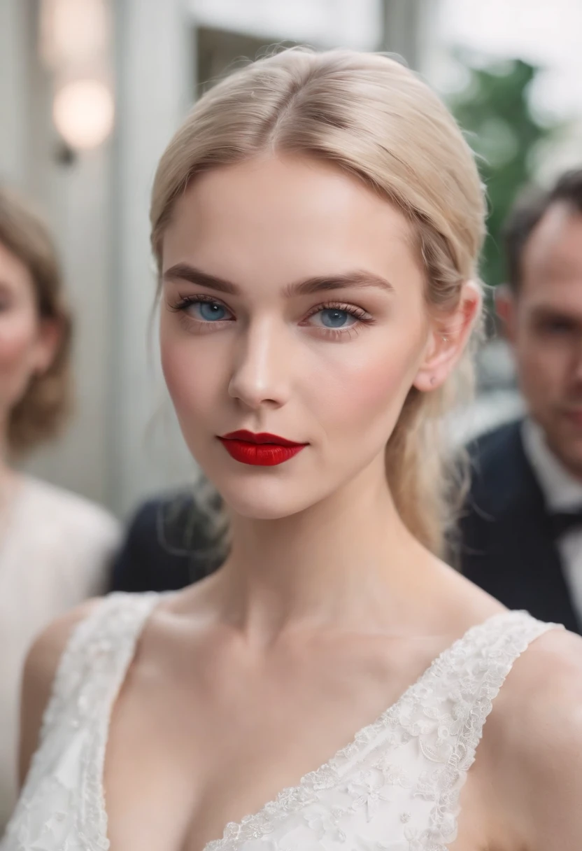 a pretty girl with blonde hair with slicked back hair dark blue eyes ,highly detailed, with red lipstick Wearing white dress at a business party