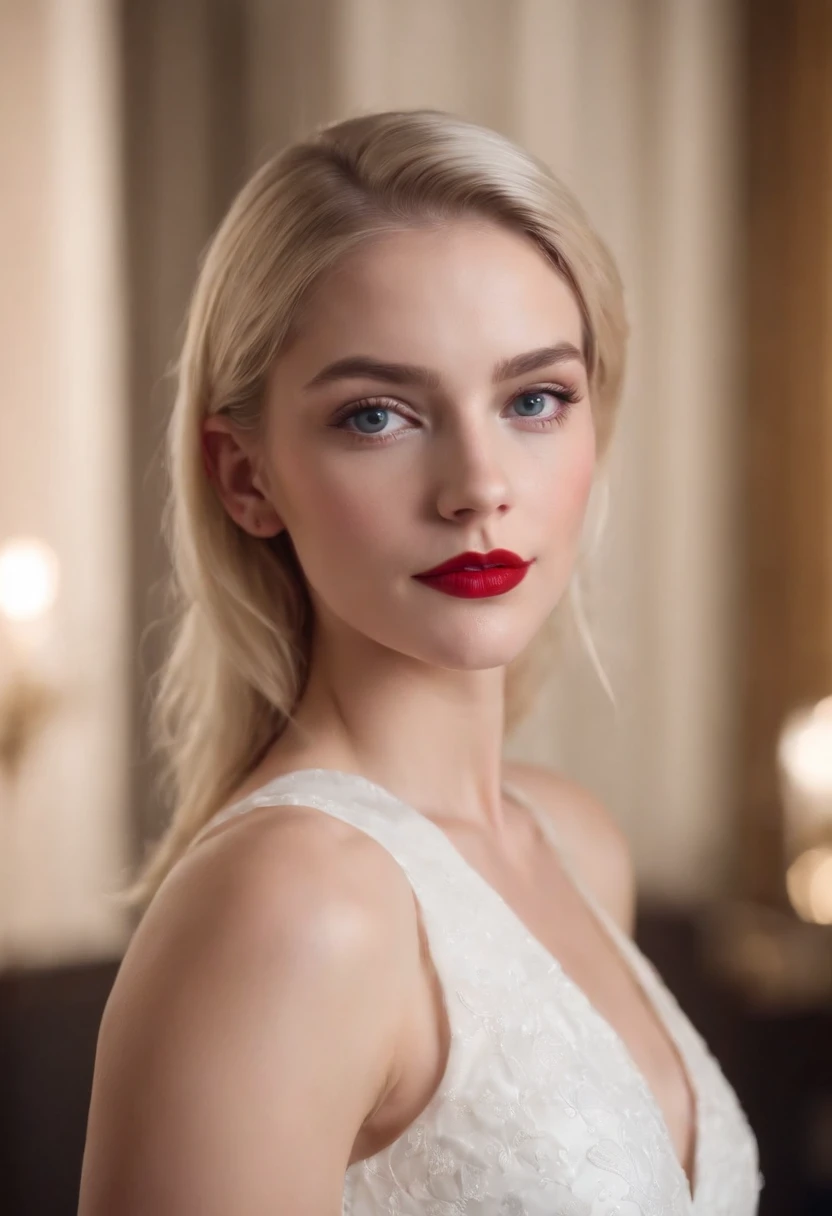 a pretty girl with blonde hair with slicked back hair dark blue eyes ,highly detailed, with red lipstick Wearing white dress at a business party