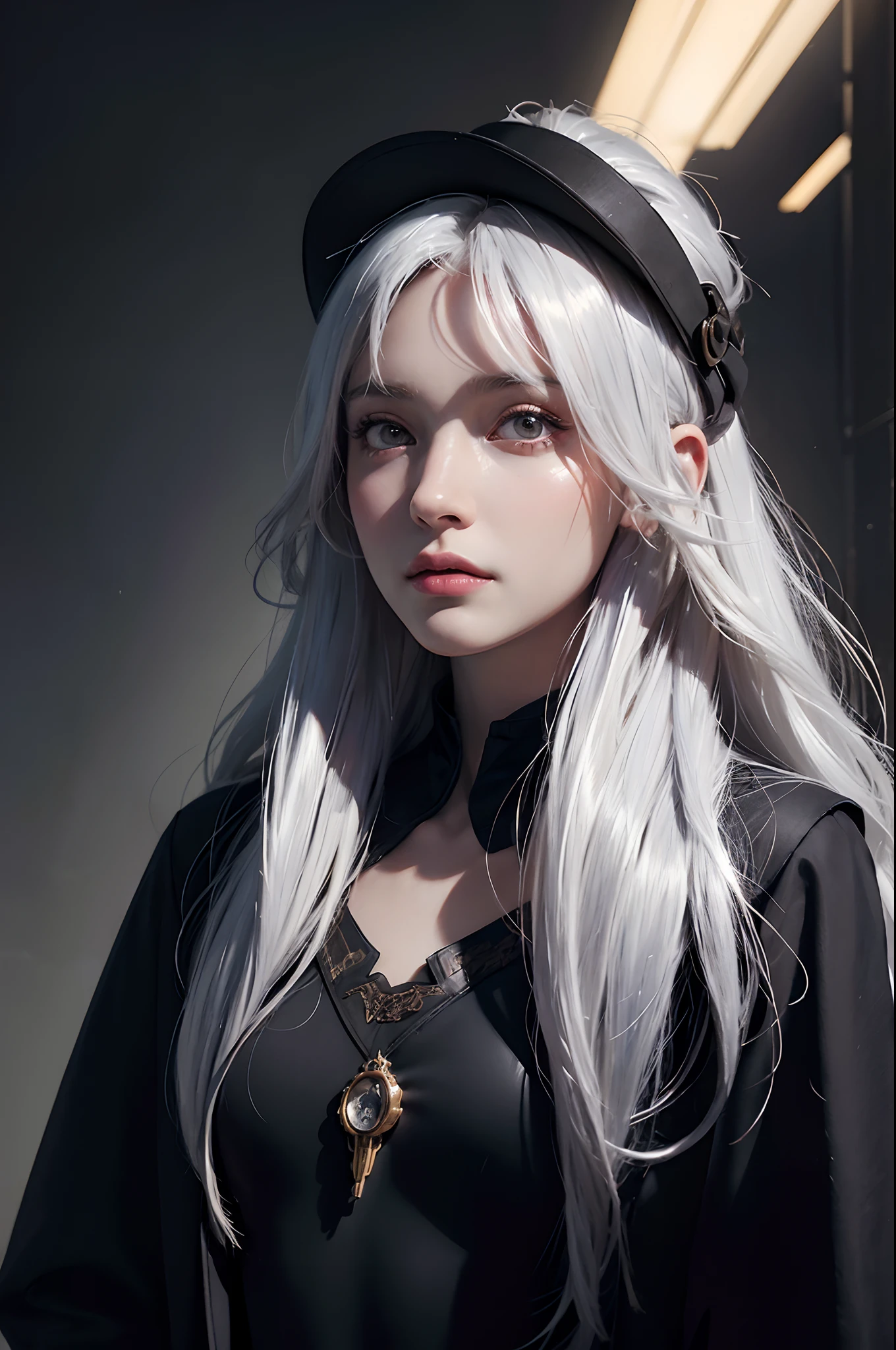 Hyperrealist portrait of female by david hockney and alphonse mucha,fantasy art, photo realistic, dynamic lighting, artstation, poster, volumetric lighting, very detailed faces, 4 k, award winning,, 1girl, in the dark, deep shadow, low key,cowboy shot,(official clothing:1.4) ,long hair,white hair,
