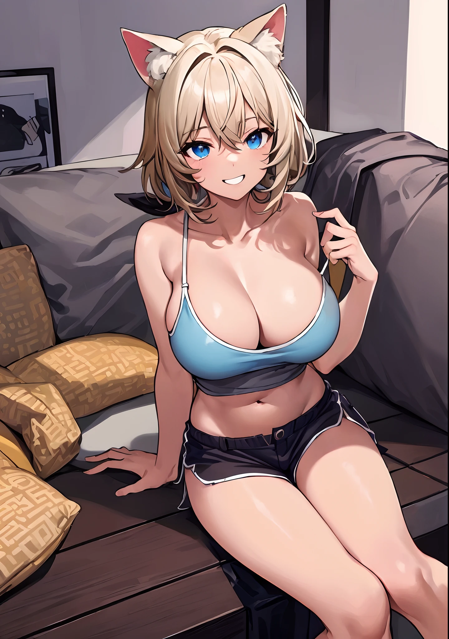 (masterpiece:1.5) (bestquality) highlydetailed, (dark skin) (brown skin) huge breasts, (short hair) (three-sevenths hairdo) (white hair) {brown eyes:blue eyes:0.8}, (cat ears) shy,1girl, animal ears, bare legs, bare shoulders, barefoot, blue eyes, breasts,white hair, cleavage, collarbone, dolphin shorts, feet, grin, large breasts, looking at viewer, midriff, navel, pillow, short shorts, shorts, sitting, smile, soles, solo, strap slip, tank top