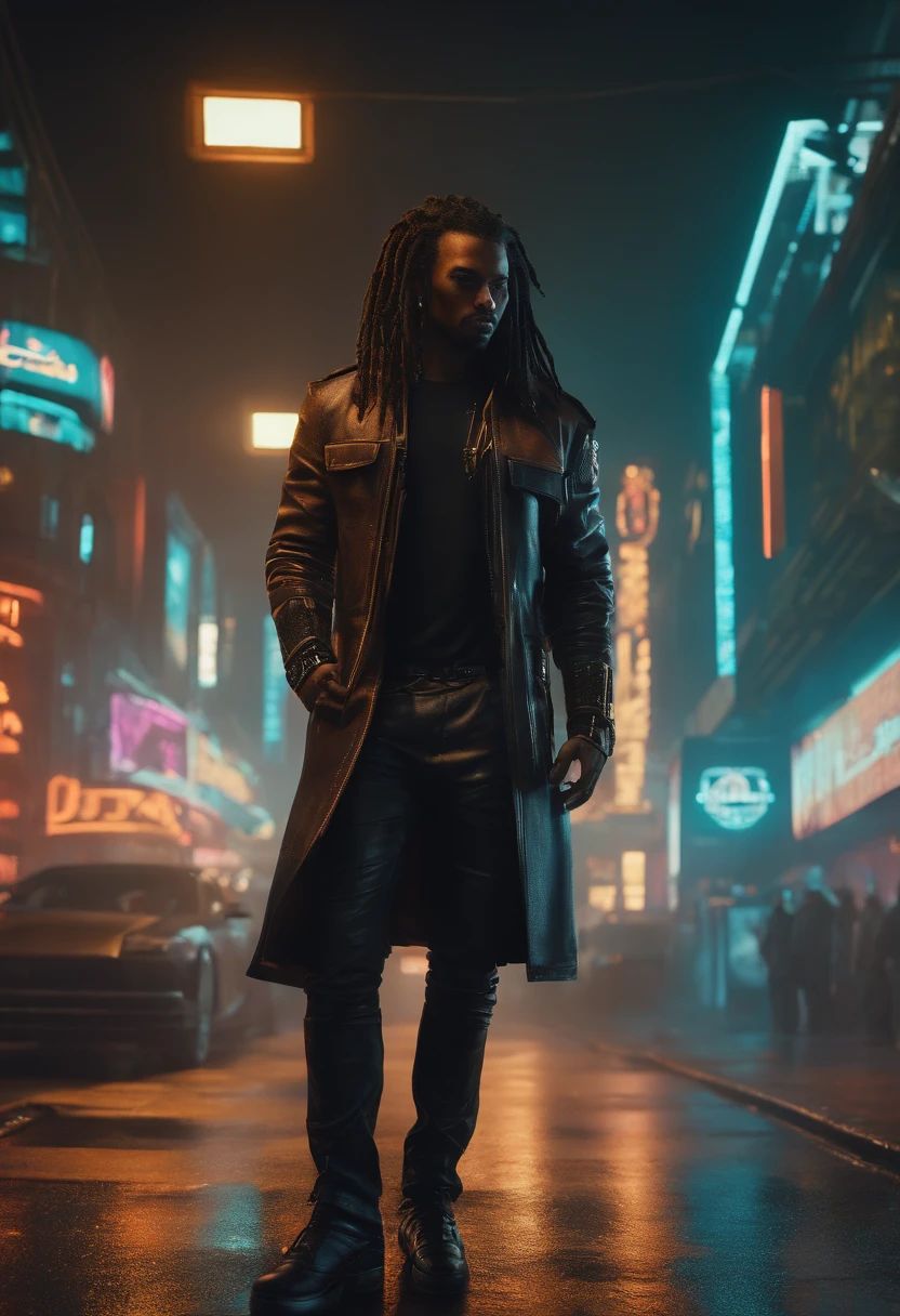 ((masculine)), ((1boy)), black dreadlocks, brown skin, black eyes, cowboy shot, ((ultra detailed neon cyberpunk futuristic city )), detailed and intricate ((cyberpunk city streets background)), featuring high-tech holographic projections and sleek architecture, (highly detailed photo realistic), sharp focus, ultra high quality, vibrant, (symmetrical detailed face:1.7), toned, masterpiece, (cinematic lighting), smoking weed, ((cyberpunk 2077 inspired)
