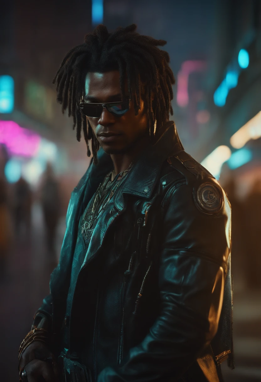 ((masculine)), ((1boy)), black dreadlocks, brown skin, black eyes, cowboy shot, ((ultra detailed neon cyberpunk futuristic city )), detailed and intricate ((cyberpunk city streets background)), featuring high-tech holographic projections and sleek architecture, (highly detailed photo realistic), sharp focus, ultra high quality, vibrant, (symmetrical detailed face:1.7), toned, masterpiece, (cinematic lighting), smoking weed, ((cyberpunk 2077 inspired)