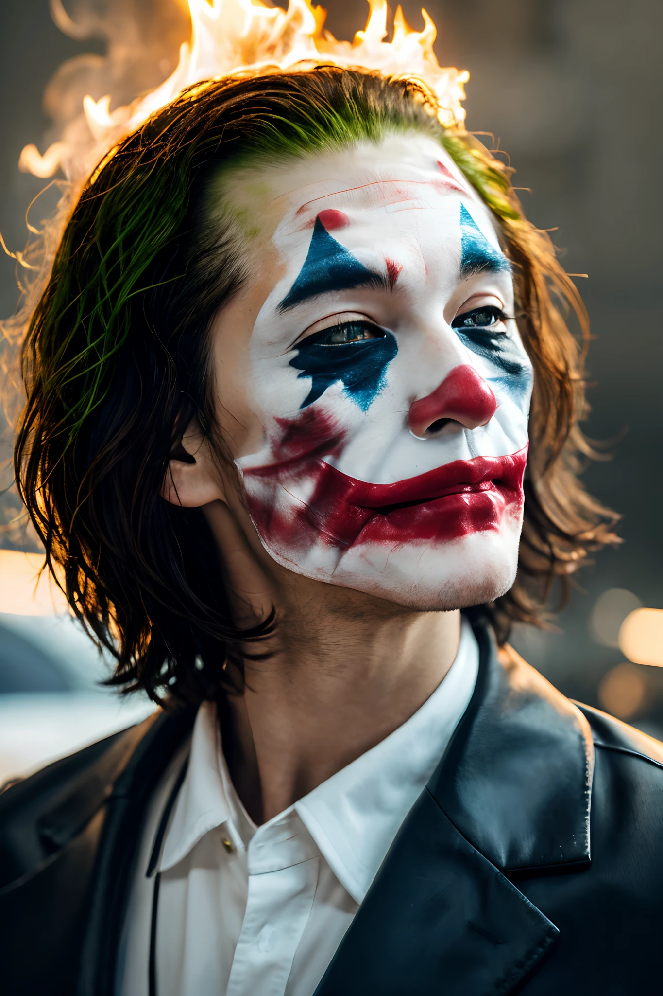 (The Joker:1.3)、(masutepiece:1.3), (8K, Photorealistic, Raw photo, Best Quality: 1.4), bule, (1 boy), Beautiful face, (Realistic face), (Black hair, Short hair:1.3), Beautiful hairstyle, Realistic eyes, Beautiful detailed eyes, (Realistic skin), Beautiful skin, Attractive, 超A high resolution, A hyper-realistic, Highly detailed, Golden ratio,(heroes)、(Revolutions)、(Burning car:1.3)