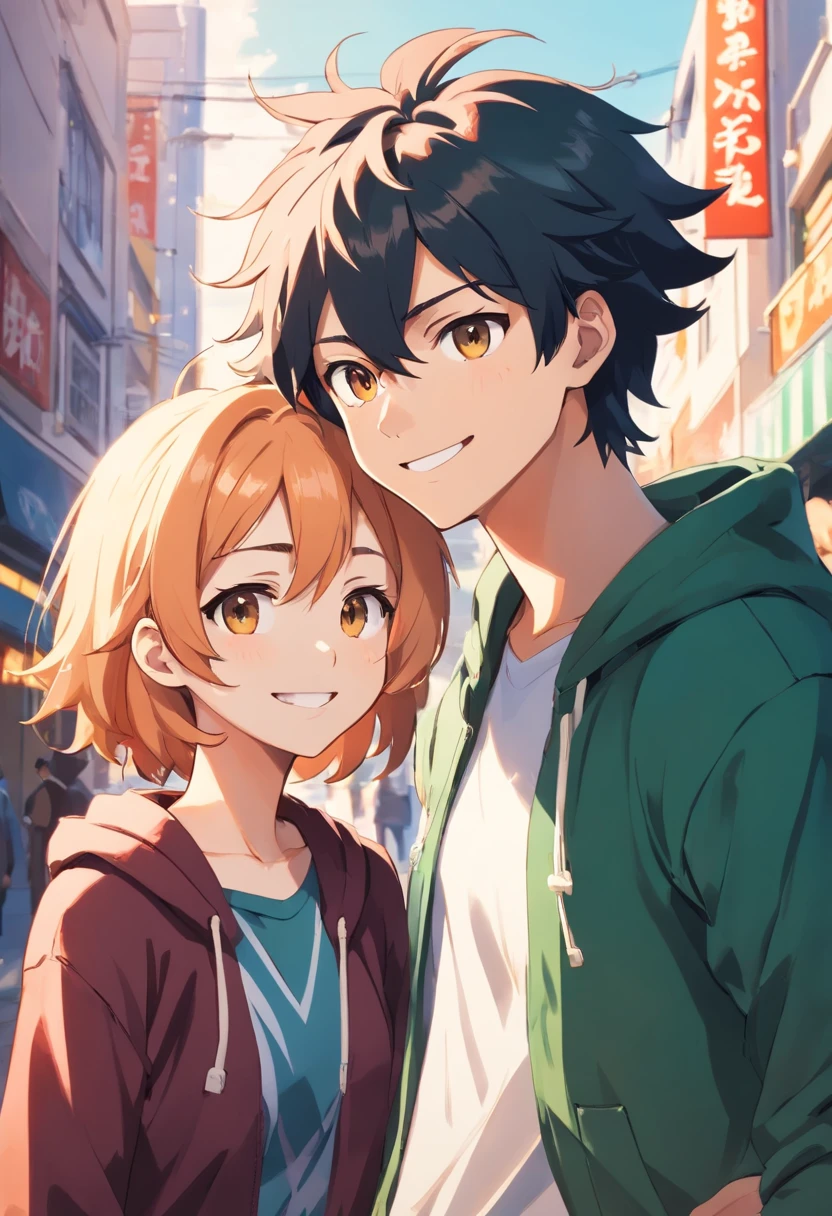 Katsuki Bakugo del anime Boku no Hero Academia parado junto a una chica. He's looking to the side and she's smiling at him. The girl has long curly dark brown hair. De fondo hay un parque.