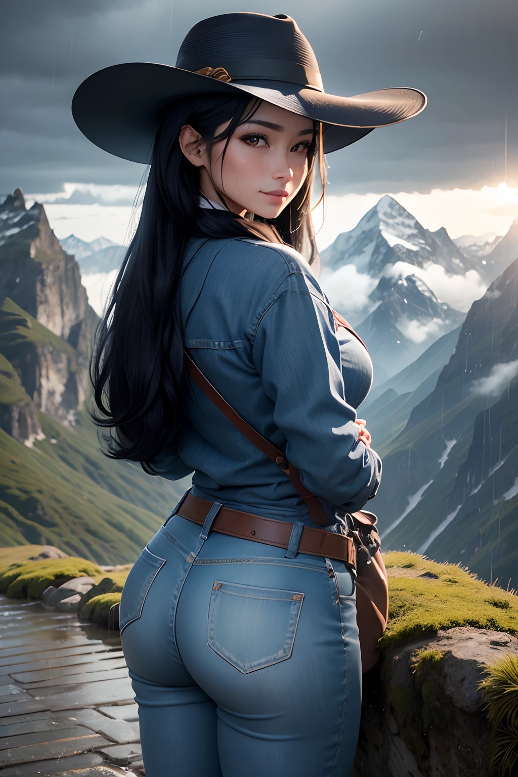 femele、35 year old、full body Esbian、Dark hair、poneyTail、smil、Blue jeans、Narrow-eyed、japanes、realisitic、Realistic、house wife、Summit of Mt、mountaineering、hiking、Back lighting、the morning sun、Hats、rainy day、Getting wet in the rain