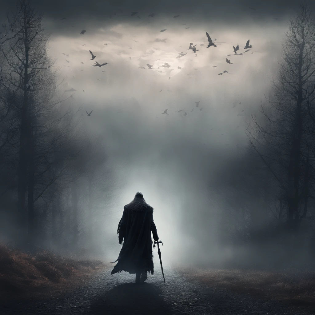 (best quality,4k,8k,highres,masterpiece:1.2),ultra-detailed,(realistic,photorealistic,photo-realistic:1.37),Norse god Odin,walking across an ancient road,wearing black cloths,accompanied by crows,old,weathered road,atmospheric fog,looming mountains,mythical atmosphere,crowded crows,fierce gaze,majestic beard,mysterious presence,dark mysterious aura,enigmatic god,divine power,aged wisdom,mythical staff,lush greenery,ominous sky,unsettling silence,faint whispers,ancient runes,mythological symbols,tree-lined path,mysterious mist,far-reaching horizon,rays of sunlight pirecing through the trees,dramatic lighting,dramatic shadows,mystical encounter,divine intervention,vibrant colors,earthy tones,majestic landscape,symbol of power and knowledge,ancient mysteries,intricate details,impressive sense of depth,ominous yet captivating ambiance,lone traveler,a sense of adventure,a scene frozen in time