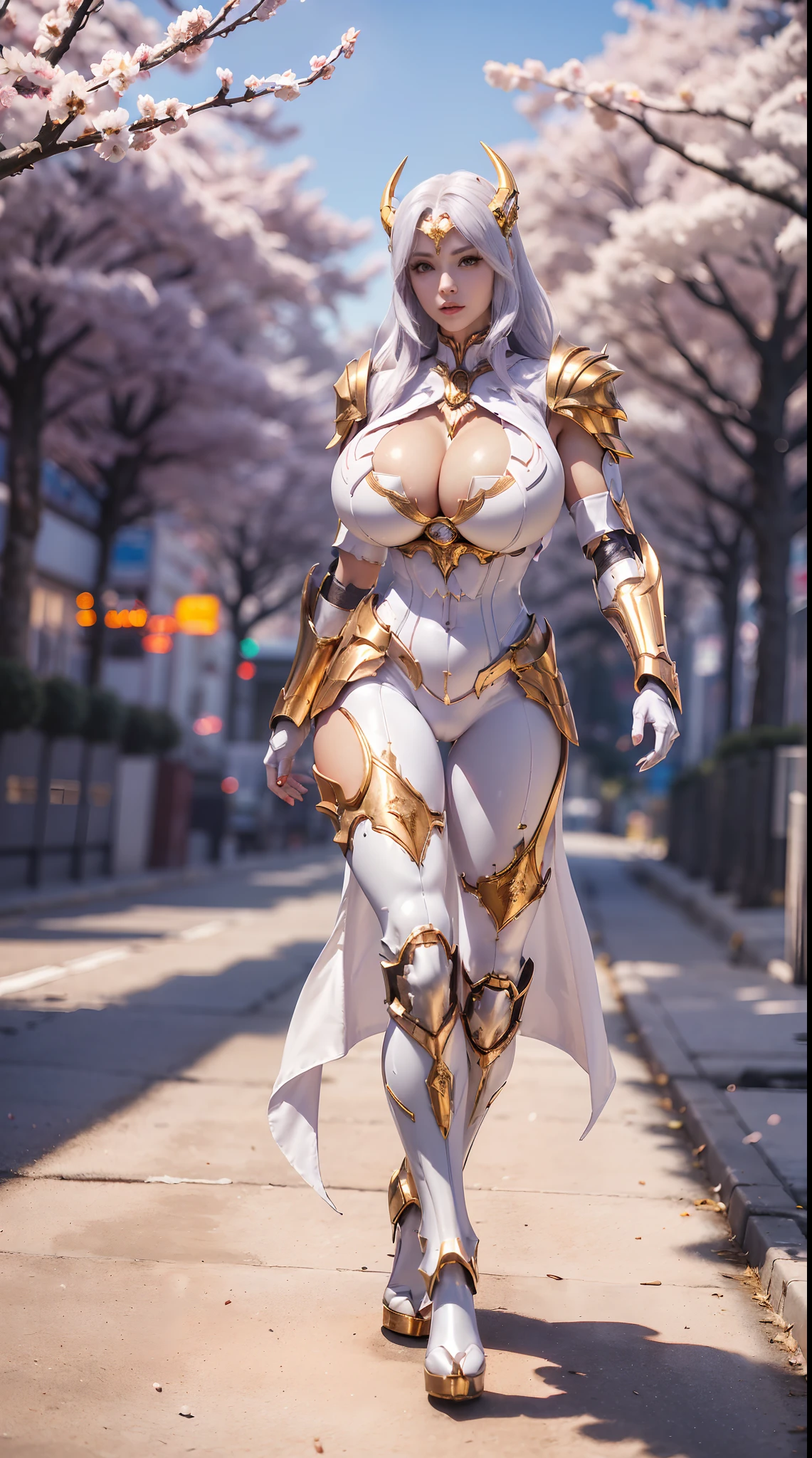 1GIRL, SOLO, (ssmile, makeup, beautifull eyes), (golden dragon horn helmet:1.4), (BIG BUTTOCKS, HUGE BOOBS:1.4), (DRAGON GUARD ARM, GLOVES), (white, purple), (MECHA CYBER SHINY ARMOR SUIT, ROYAL CAPE, CLEAVAGE, MECHA SKINTIGHT PANTS, GUARD ARMOR LEGS, HIGH HEELS:1.4), (MUSCULAR BODY, SEXY LONG LEGS, FULL BODY:1.5), (MUSCLE ABS:1.2), (LOOKING AT VIEWER:1), (WALKING DOWN ON STREET CHERRY TREES IN THE MORNING:1.3), PHYSICALLY-BASED RENDERING, ULTRA HIGHT DEFINITION, 8K, 1080P.