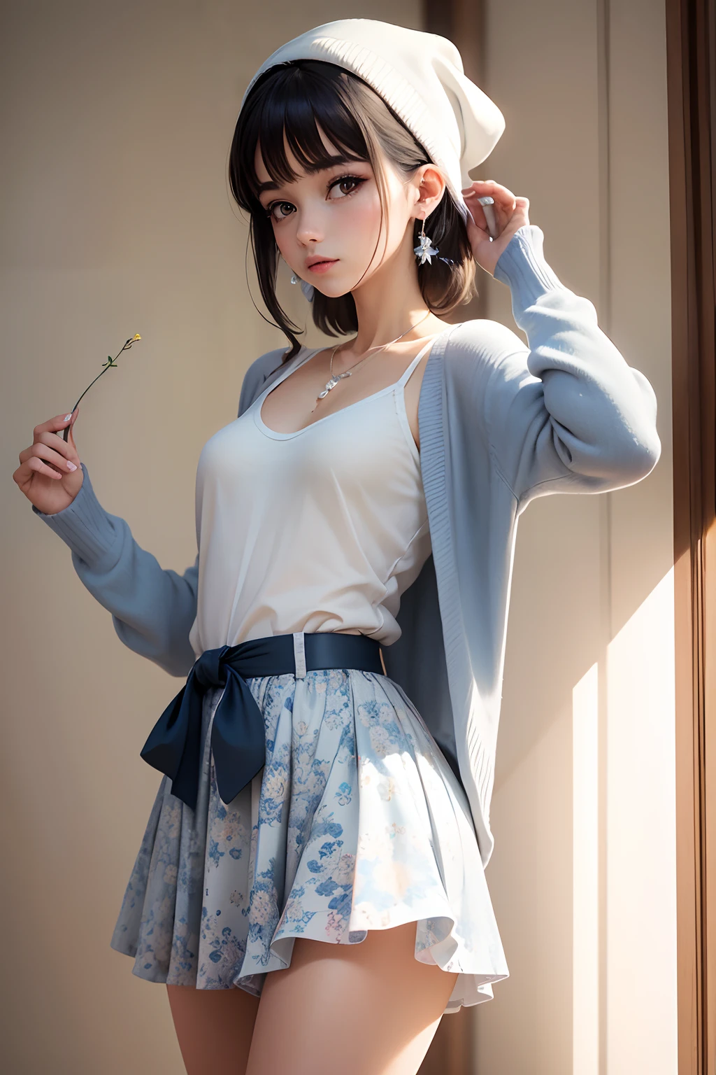 mulher, 30 anos, Uma blusa de manga curta, Made of lightweight, flowy fabric, Patterned with floral patterns in soft shades of blue and white. Possui um decote em V e detalhes franzidos nos ombros; Medium length round skirt, em tecido plissado na cor pastel, como um tom de rosa suave. The skirt has an elastic waistband for comfort and movement; A pair of ballet slippers in a neutral shade, como nude, para dar um toque de delicadeza ao visua;A lightweight knitted cardigan in white, perfeito para vestir nos dias mais frescos. It is slightly transparent, exibindo a estampa da blusa por baixo; A thin and delicate belt to mark the waist and a pair of pearl earrings, adding a touch of elegance to the set. Uma bolsa de ombro em couro branco complementa o look. artistic work, perfection, blue dark hair, surrealismo, 8k, super detalhe. Luzes roxas no cabelo