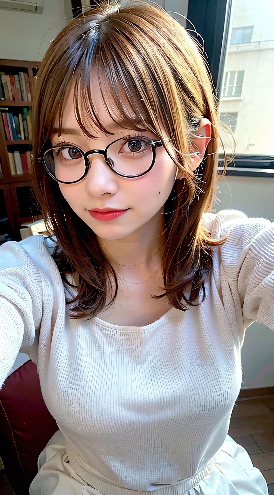 (8K, Raw photo:1.2), Detailed face and eyes,Best Quality, 超A high resolution, Highly detailed ,intricate detailes ,masutepiece ,Cute Girl , Soft cinematic light, Hyper-detailing,Sharp Focus, High quality, Blonde hair, bob cuts, tits out, a miniskirt, eye glasses, NSFW, read a book