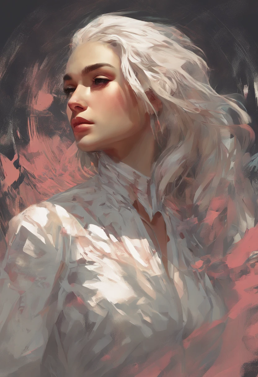 Hyperrealist portrait of female by david hockney and alphonse mucha,fantasy art, photo realistic, dynamic lighting, artstation, poster, volumetric lighting, very detailed faces, 4 k, award winning,, 1girl, in the dark, deep shadow, low key,cowboy shot,(official clothing:1.4) ,long hair,white hair,