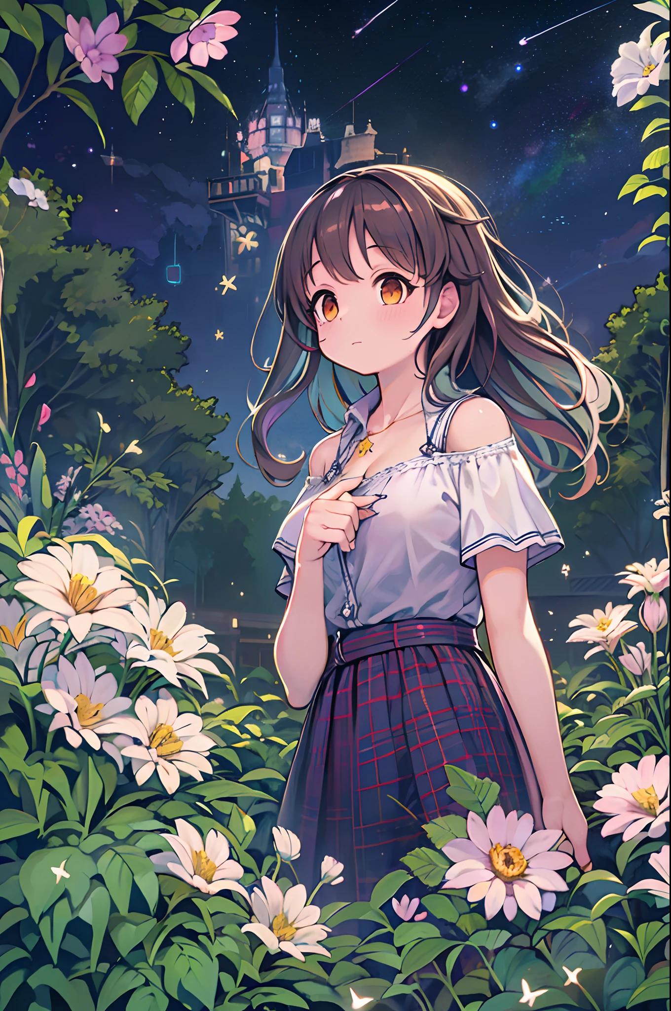of the highest quality, high_resolution, Distinct_image, Detailed background, girl, flower, garden, Starry sky,