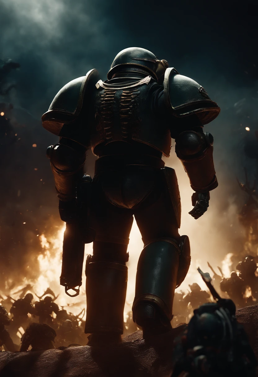 Warhammer 40k Space marine last stand against a horde of millions of plague zombies, image shot from behind the space marine, 3rd person view, hopeless, high detail, 8K, UHD
