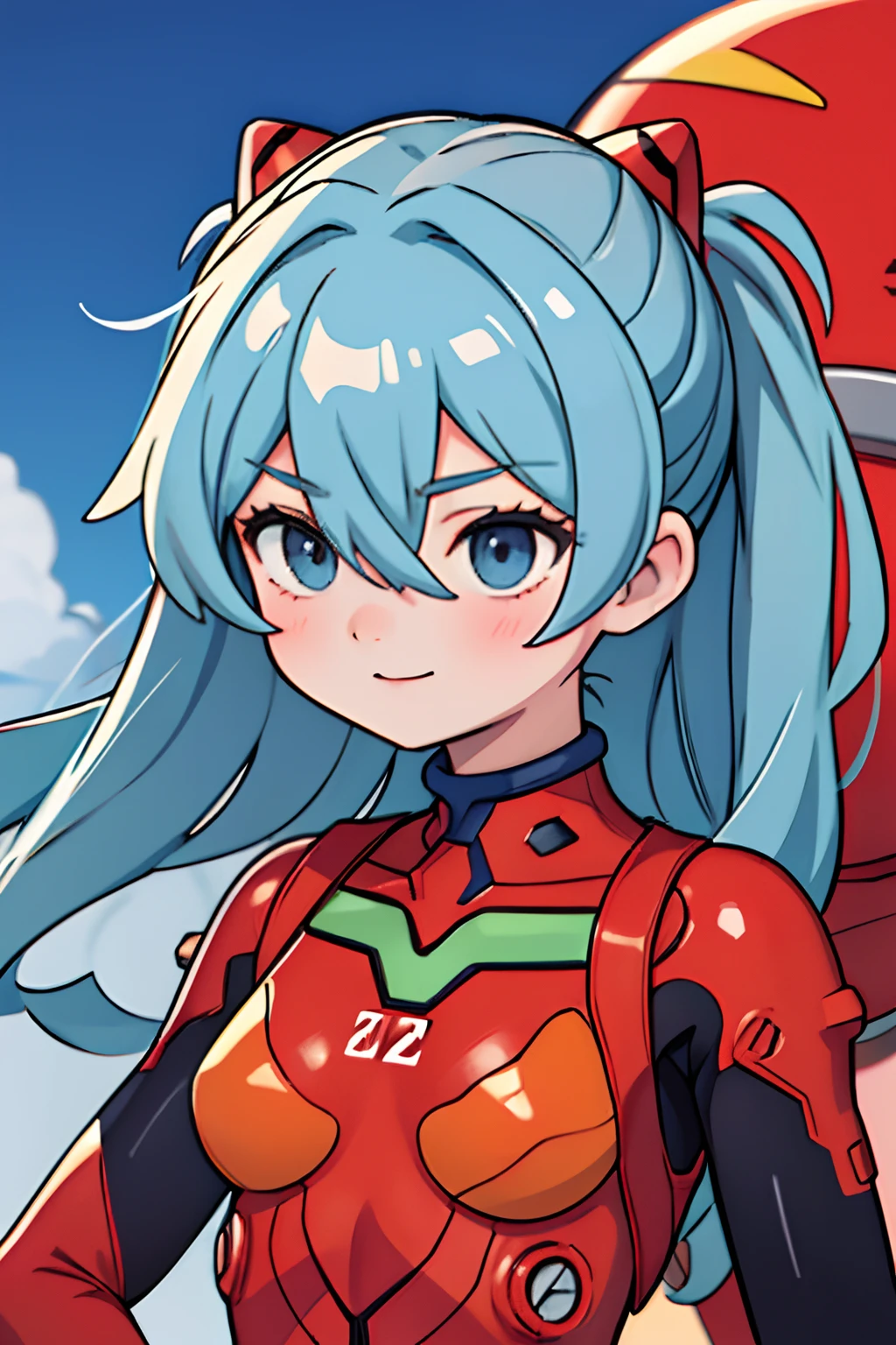 (masterpiece, best quality), 1girl, beautiful face, beautiful body, shikinami_asuka_langley, plugsuit, bodysuit, interface headset, blue bodysuit, hair between eyes, pilot suit, smile