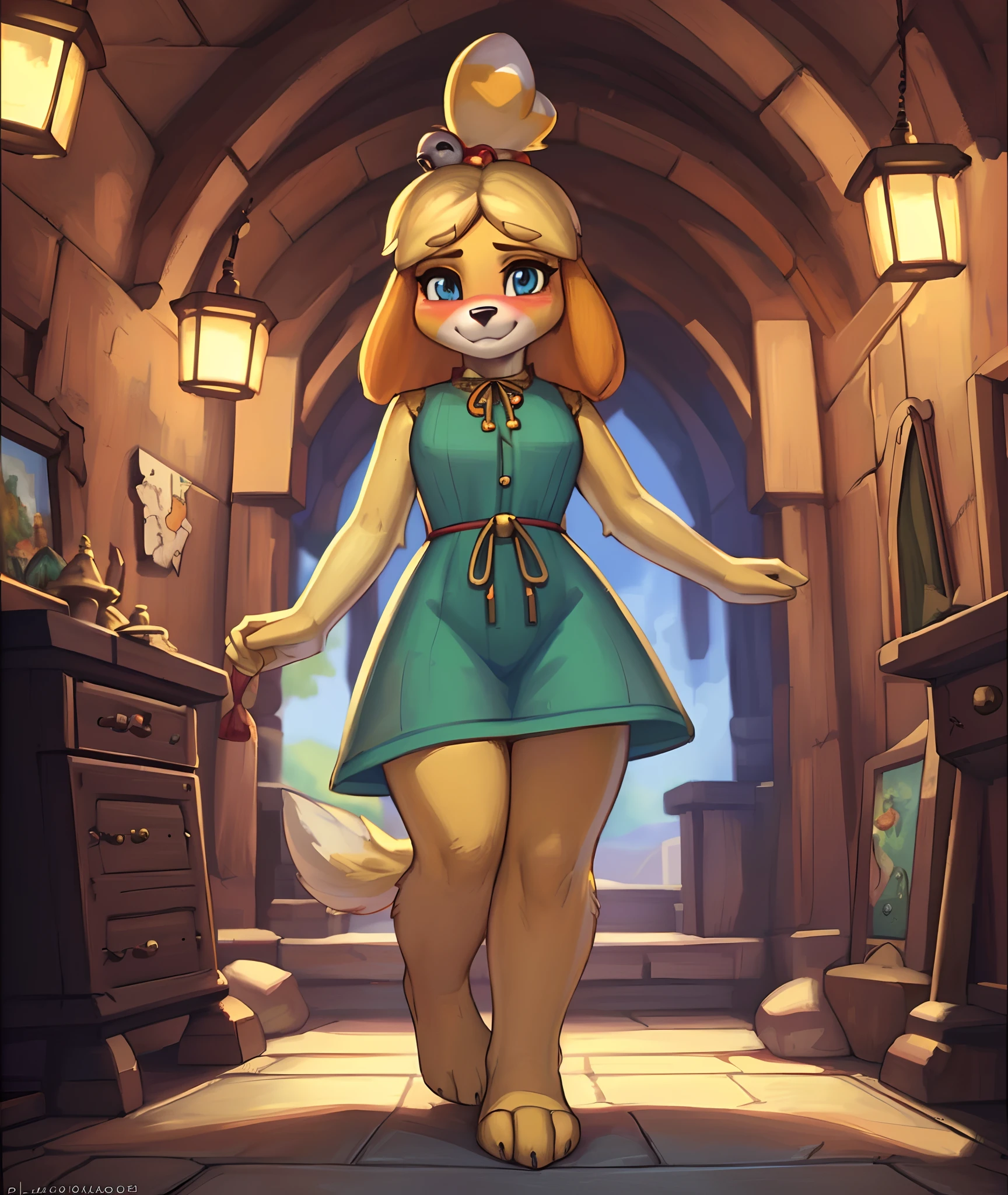 [isaCrossing], [Isabelle; Animal Crossing], [Uploaded to e621.net; (Pixelsketcher), (wamudraws)], ((masterpiece)), ((D&D)), ((solo portrait)), ((front view)), ((feet visible)), ((furry; anthro)), ((detailed fur)), ((detailed shading)), ((beautiful render art)), {anthro; (yellow fur, black nose), small brown eyebrows, cute blue eyes, cute smile, (blushing), blonde hair, (bells in hair), topknot, fluffy tail, (beautiful feet)}, {(cleric), (red ribbon), (green vest), (green tunic), (tight brown leggings)}, {(standing), (holding map), (pigeon-toed)}, [background; (cave), (beautiful water), (luminescent lighting), (ambient lighting)]