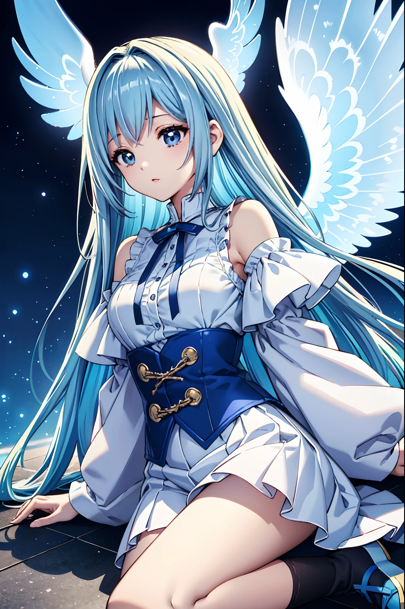 Rainbow Angel Wings、Kawaii Girl、Light blue long hair、Twin-tailed、Colorful angel costume、((top-quality))、((masterpiece))、(ighly detailed、highestdetailed、Official art、Beautifully Aesthetic:1.2)