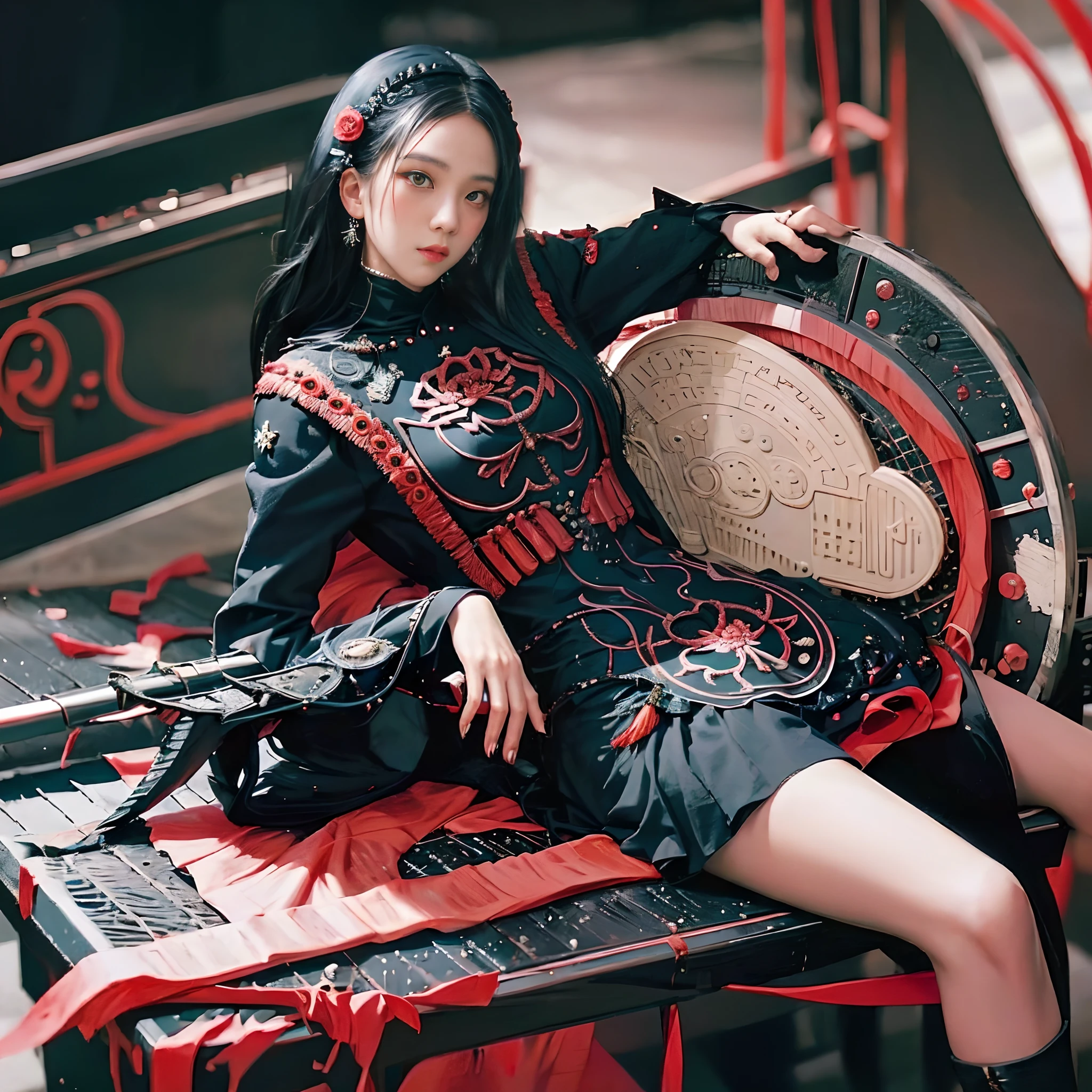 black hair, asiagirl, The red Tang costume has a floral relief, rosette, lie on one's side, torogao, Surrealism, Surrealism, Surrealism, Surrealism, Surrealism, panorama, ray tracing, 8k, super detail --auto