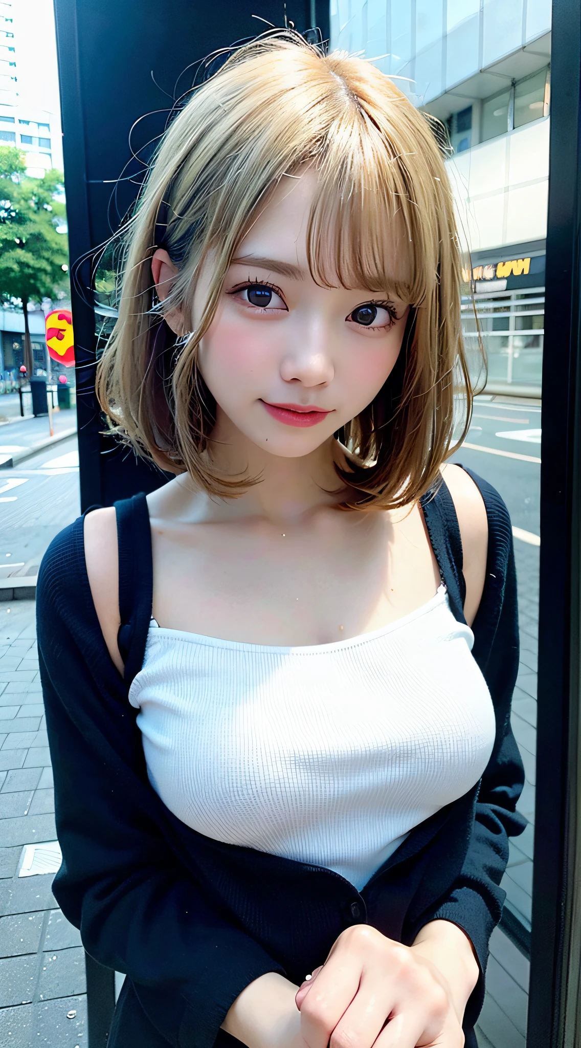(8K, Raw photo:1.2)Detailed face and eyes,Best Quality, 超A high resolution, Highly detailed ,intricate detailes ,masutepiece ,Cute Girl , Soft cinematic light, Hyper-detailing,Sharp Focus, High quality, Blonde hair, bob cuts, tits out, Hoodie,zettai ryouiki, Sit up