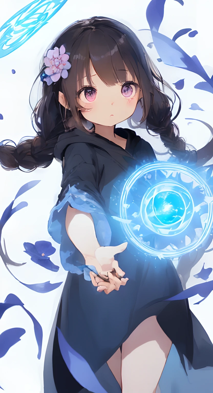NSFW、hight resolution,extremely details CG、8k wallpaper, ((masutepiece)), ((top-quality)), (Beautiful illustration), ((extremely delicate and beautiful)) 、Simple black long dress with hood、thick black clothes of large sizes,,、Cute little girl s、Detailed little cute face、Clean brown hair、Braids、1 pink flower hair ornament、(Wielding a long wooden magic wand、Cane head with deformed eyes and light blue flower motif)、((Magic Array Production))、Effective lighting、Movie angle、Cute pose with a sense of dynamism、(Center angle:2.0)、Scene of drawing a magic circle on the ground