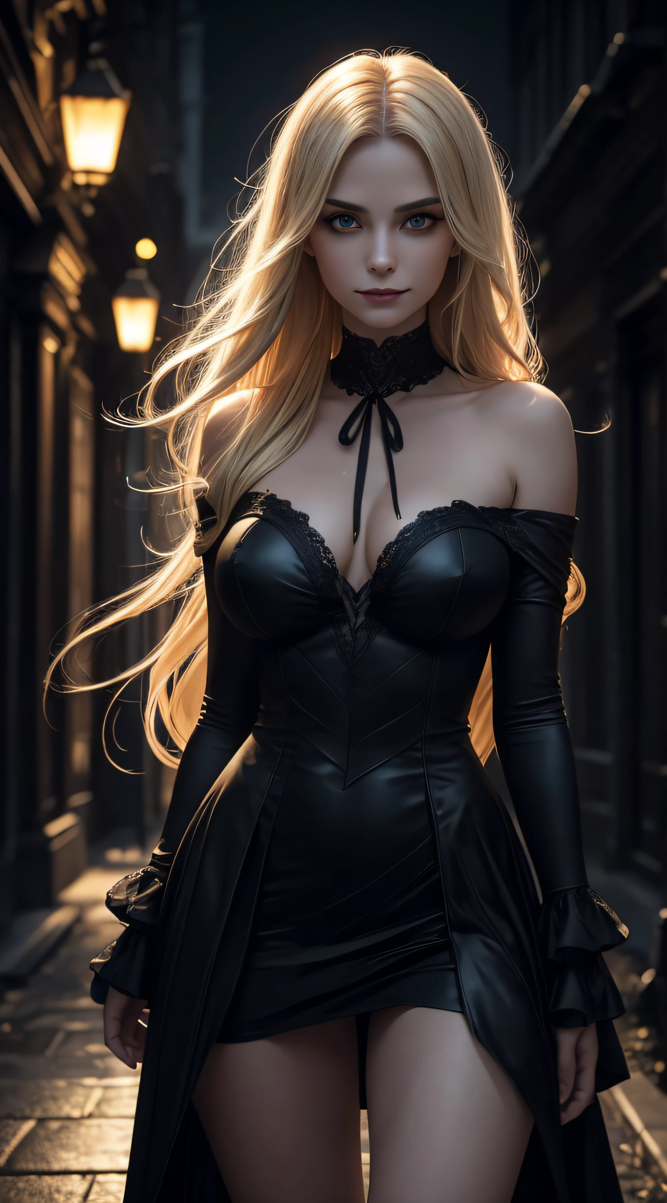 Photorealistic portrait of a vampire girl Egilea ASMR in full body in frame, Bloodsucker, Standing in a sexy position, White glowing eyes, Detailed Face, Blood was flowing from his mouth and dripping onto his chest, fangs, Smiling, Streaks of blood, full - body, beautiful big breasts, dark makeup, eye liner, Mesmerizing eyes, well-defined cheekbones,,,,,,,,,,,,,, Embossed jawline, standing tall, Beauty with long blonde hair, Black Dress,, elegance, grace, natural beauty, attraction , charisma, многосторонность, photogenic, Dark street, Dark, Deep Night, cos, shrouded in darkness,, Form-fitting silhouette, Glowing eyes in the dark