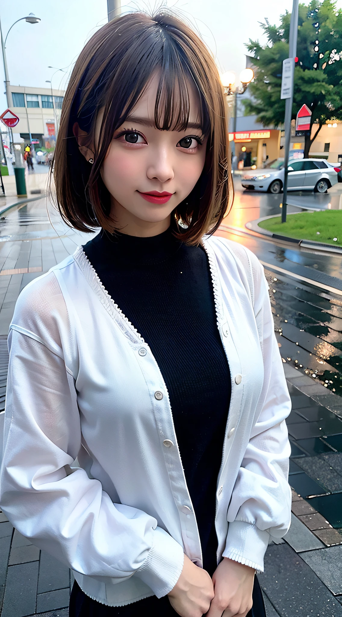 (8K, Raw photo:1.2), Detailed face and eyes,Best Quality, 超A high resolution, Highly detailed ,intricate detailes ,masutepiece ,Cute Girl , Soft cinematic light, Hyper-detailing,Sharp Focus, High quality, Blonde hair, bob cuts, tits out, Getting wet in the rain, rain is falling, Rain