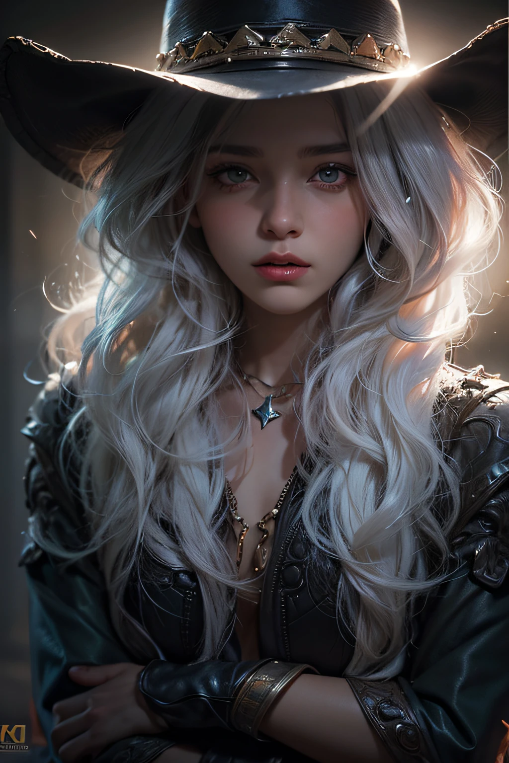 Hyperrealist portrait of female by fantasy art, photo realistic, dynamic lighting, artstation, poster, volumetric lighting, very detailed faces, 4k, award winning,, 1girl, in the dark, deep shadow, low key, cowboy shot, long hair, white hair,