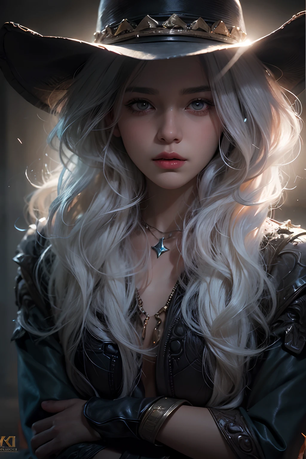 Hyperrealist portrait of female by fantasy art, photo realistic, dynamic lighting, artstation, poster, volumetric lighting, very detailed faces, 4k, award winning,, 1girl, in the dark, deep shadow, low key, cowboy shot, long hair, white hair,