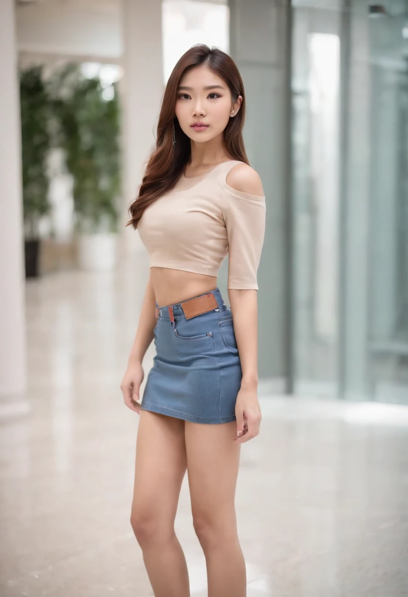 Pretty asian model girl with long brown hair with slim waist wearing a crop top and a mini skirt with heels at a Mall shopping