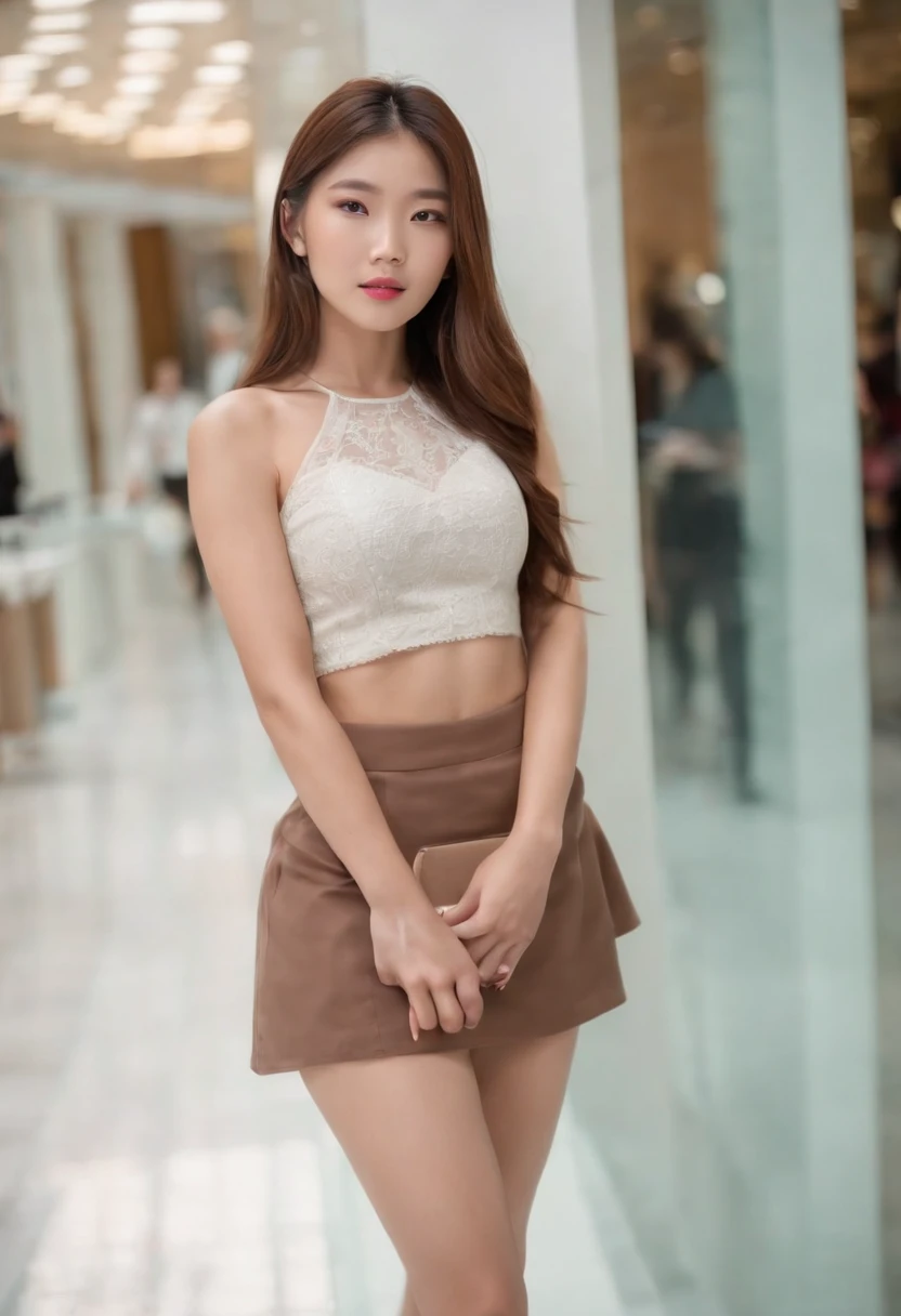 Pretty asian model girl with long brown hair with slim waist wearing a crop top and a mini skirt with heels at a Mall shopping