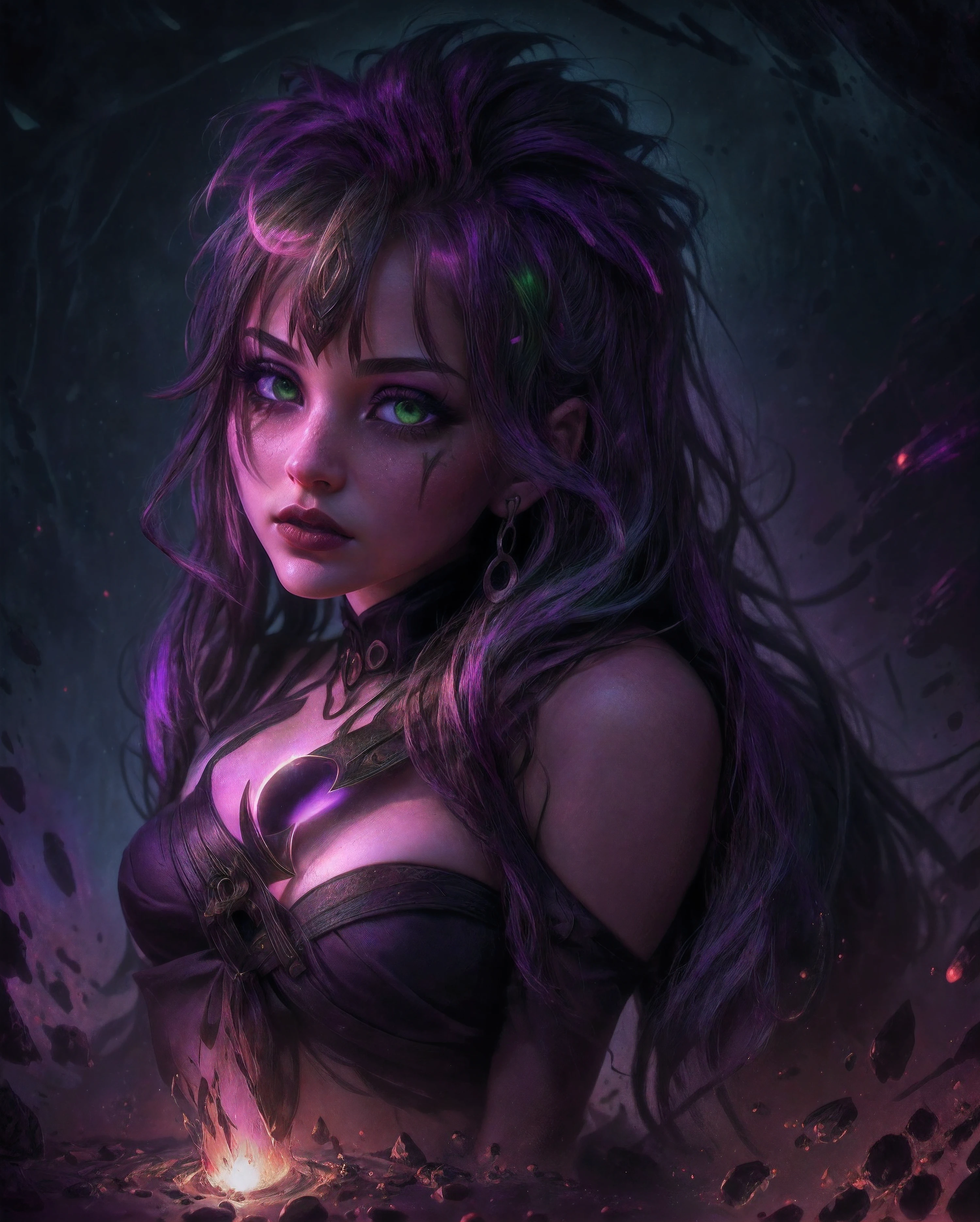 Sexy girl with green eyes close-up, with glowing purple eye light, Violet luminous rays, dark fantasy portrait, Portrait in profile, (Cheeky face). Dark Fantasy, realistic 4k digital art, (Dark), ((Gloomy color scheme:1.5)), (NSFW), (A very dark room, little light, Low visibility)). (Strong shadow:1,6). twilight.