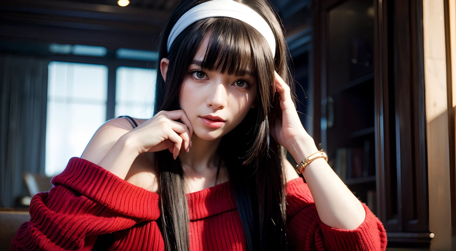 Yor Forger, beautiful, graceful, slender, curvaceous, long hair, straight hair, black hair, beautiful hair, short bangs, ((red eyes)), ((white headband)), ((wears an off-shoulder sweater)), (((red sweater))), large breast, cleavage, 27 years old, white skin, upper body, beauty, solo, extremely beautiful face, exquisite face, facing camera, seductive look