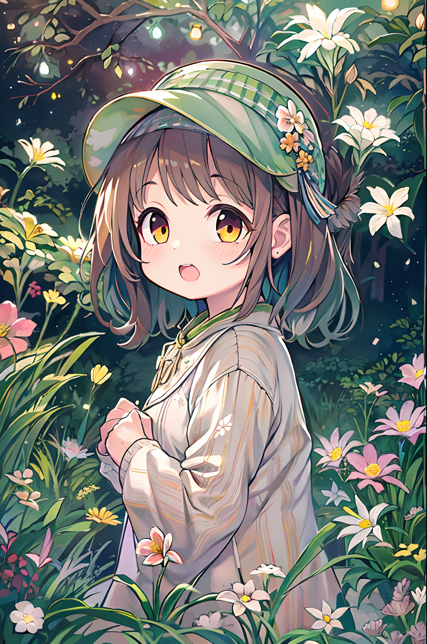 of the highest quality, high_resolution, Distinct_image, Detailed background, girl, flower, garden, Starry sky,、Chibi