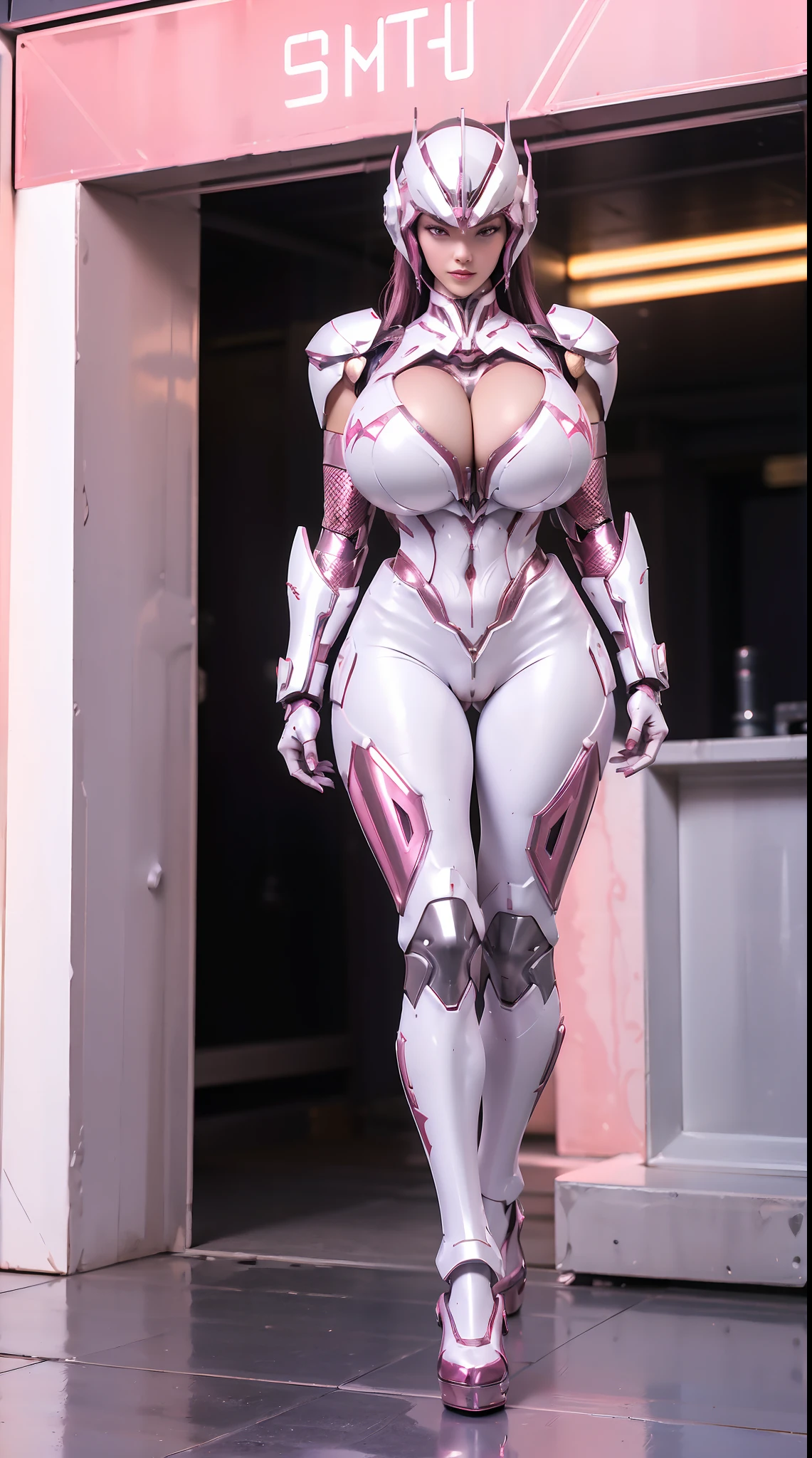 1GIRL, SOLO, (ssmile, red_libs, dark_hair), (horn mecha helmet:1.2), (BIG BUTTOCKS, HUGE FAKE BOOBS, CLEAVAGE:1.4), (PHOENIX MECHA GUARD ARM, GLOVES:1.3), (pink, white, MECHA CYBER SHINY ARMORED SUIT, MECHA SKINTIGHT PANTS, GUARD ARMOR LEGS, HIGH HEELS:1.5), (MUSCULAR BODY, SEXY LONG LEGS, FULL BODY:1.5), (MUSCLE ABS:1.2), (LOOKING AT VIEWER:1.2), (STANDING HALLWAY OF FUTURISTIC SPACE STATION, BRIGHT LIGHTING:1), PHYSICALLY-BASED RENDERING, ULTRA HIGHT DEFINITION, 16K, 1080P.