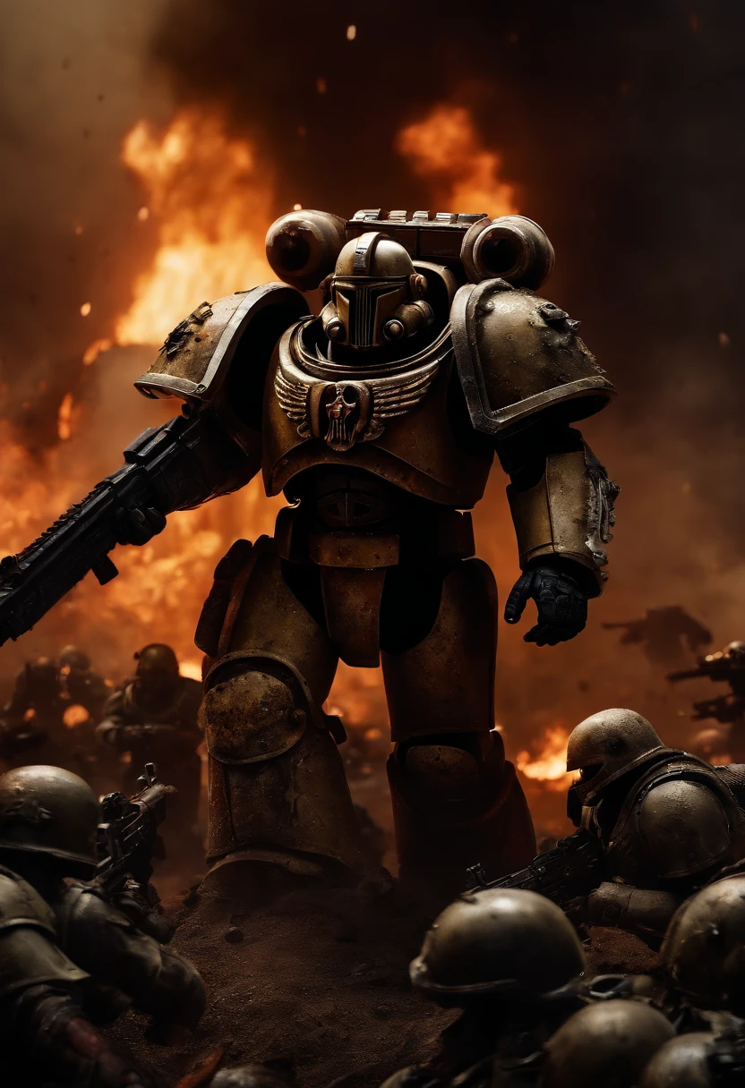 (battlefield),(best quality,4k,8k,highres,masterpiece:1.2),ultra-detailed,(realistic,photorealistic,photo-realistic:1.37),(Warhammer 40k) Space marine,(last stand) against a (horde of millions) of (plague zombies),(image shot from behind) the (space marine),3rd person view,(hopeless), (dreadful atmosphere),intense action, (destructive chaos),(apocalyptic),(explosions),(war-torn landscape), (smoke),(wreckage), (damaged buildings),(crumbling ruins),grim darkness, (ominous shadows),(desperate struggle),(heroic sacrifice),(blood-soaked armor),(battle scars),(weaponry:1.1) gleaming,(bullet casings),(fierce determination), epic battle, (terrifying horde), (detail:1.1) on (space marine),(muzzle flashes),(burning wreckage),(futuristic armor),(HUD),(weapon scope), (smoking barrel),(powerful energy weapons),(pinpoint precision),(battle cry),(battlefield commander shouting orders),(unyielding defense),(unstoppable force),(gory),(horror),(cinematic),(iconic),(Warhammer universe), (vivid colors),(moody lighting),(brooding atmosphere),(Post-apocalyptic),(ultra-fine painting),(contrast:1.1), (epic scale),(motion blur),(grim determination),(battle-worn),(blood-soaked ground)