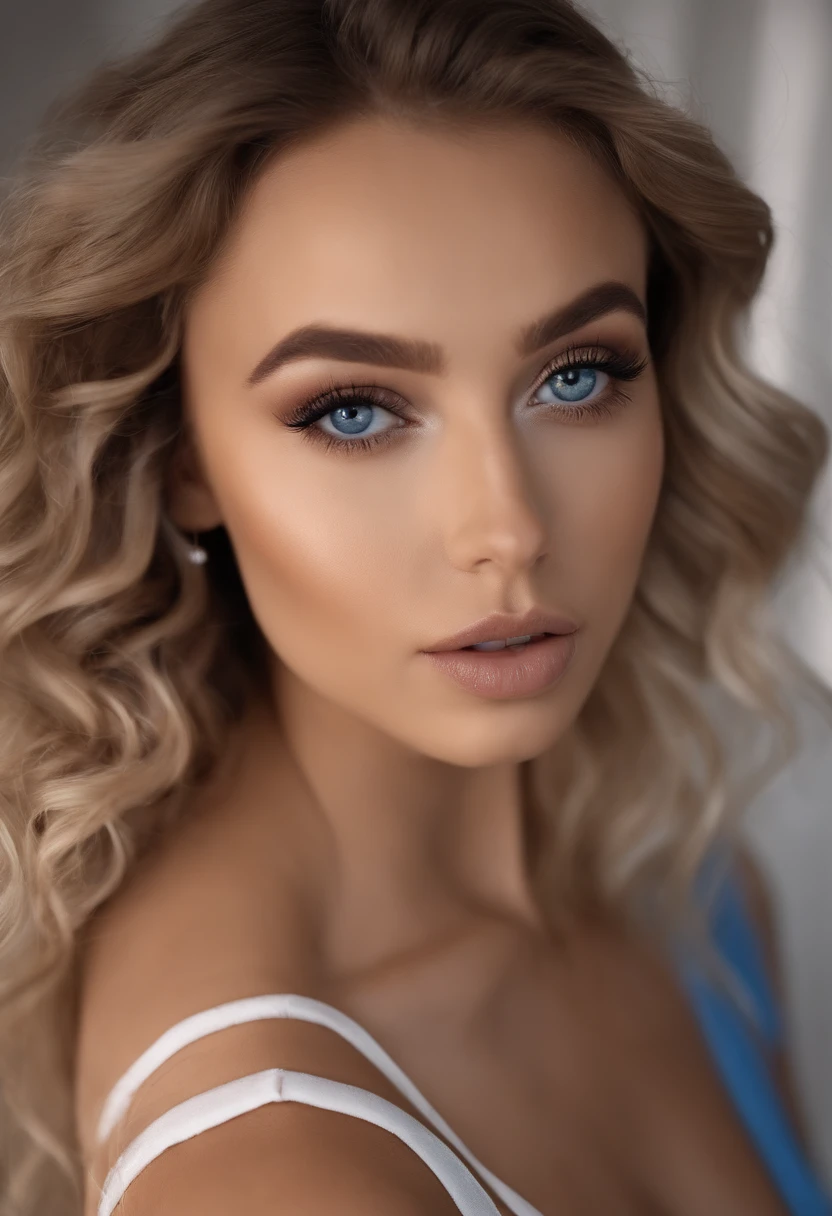 Woman with matching tank top and panties, Sexy blue-eyed girl, portrait sophie mudd, Portrait of Corinna Kopf, Blonde wavy curls and big eyes, Selfie of a young woman, The eyes of the club Violet Myers, Orn makeup, Natural makeup, look straight at the camera, face with artgram, dezentes Make-up, Stunning full-body shots, in a  bedroom, fission