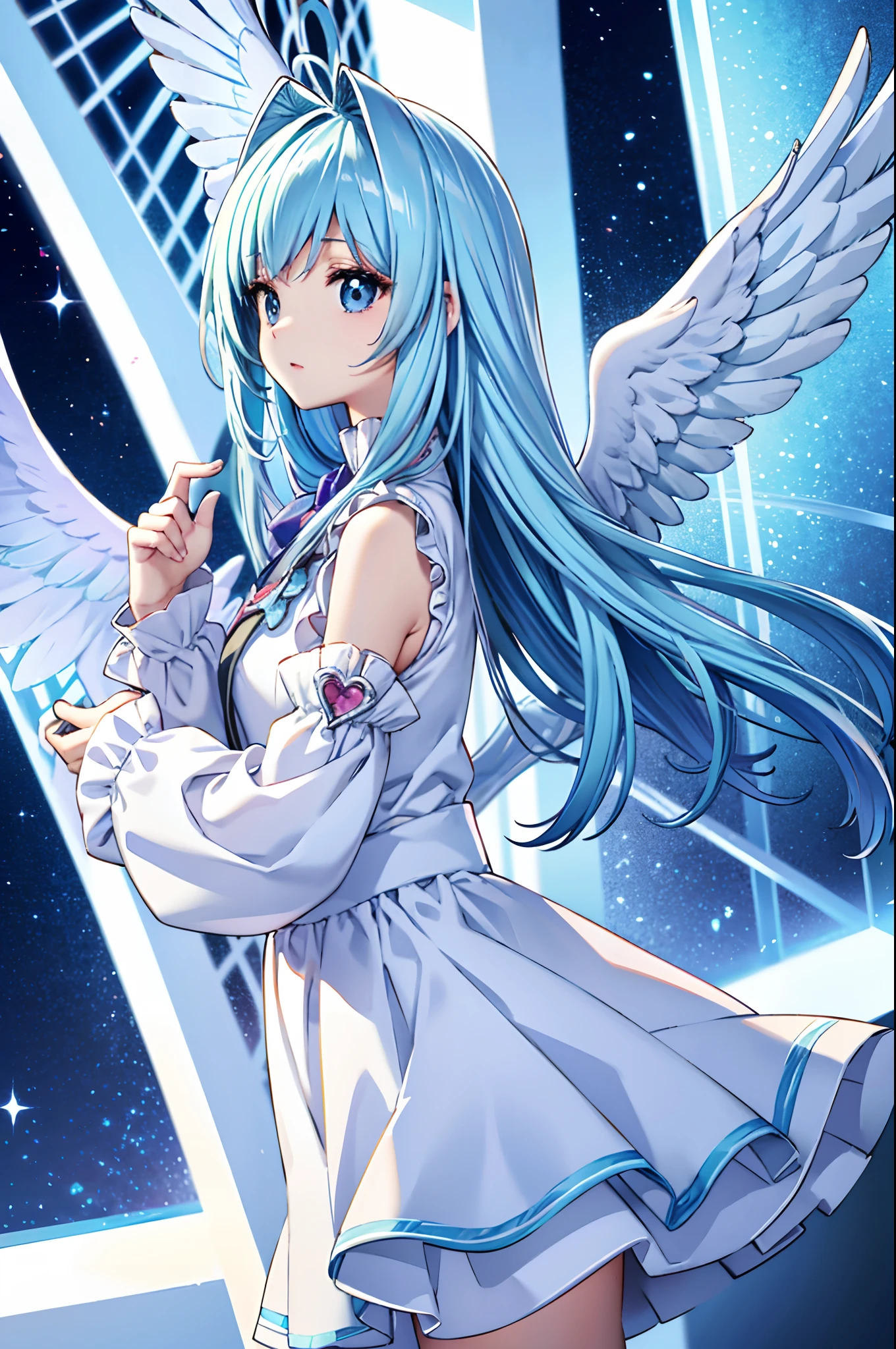 Angel wings、Kawaii Girl、Light blue long hair、White Angel Costume、((top-quality))、((​masterpiece))、(ighly detailed、highestdetailed、Official art、Beautifully Aesthetic:1.2)