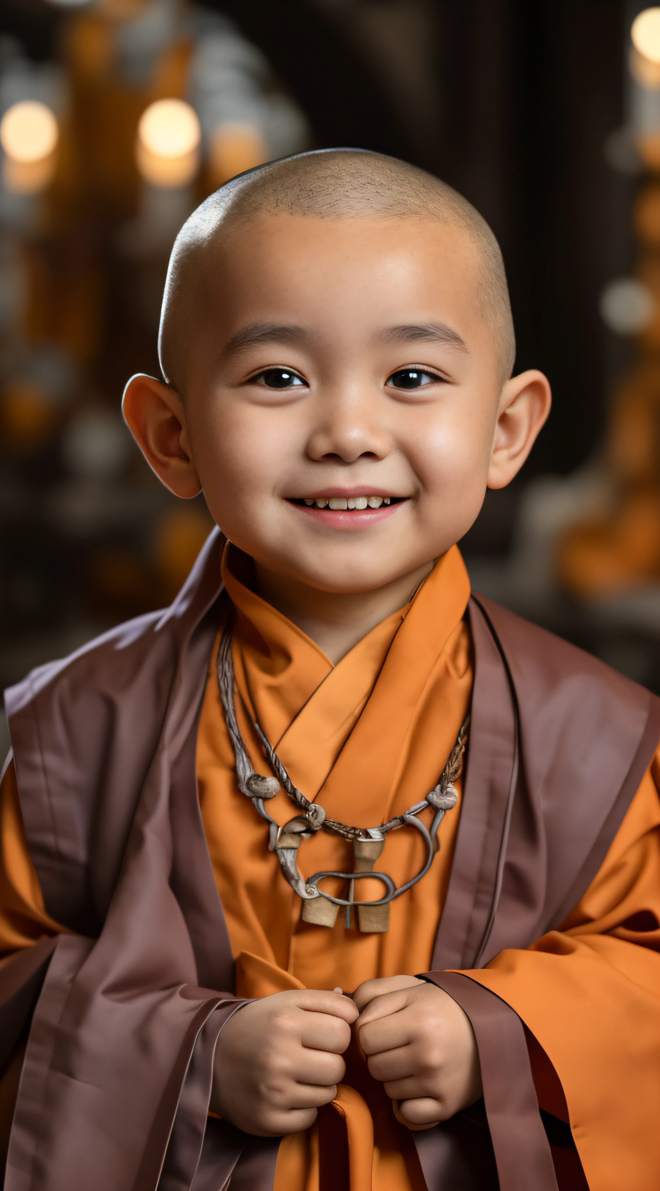 A young monk dressed in a monk's robe,had his hands folded,sit with legs crossed,Smile at the camera。