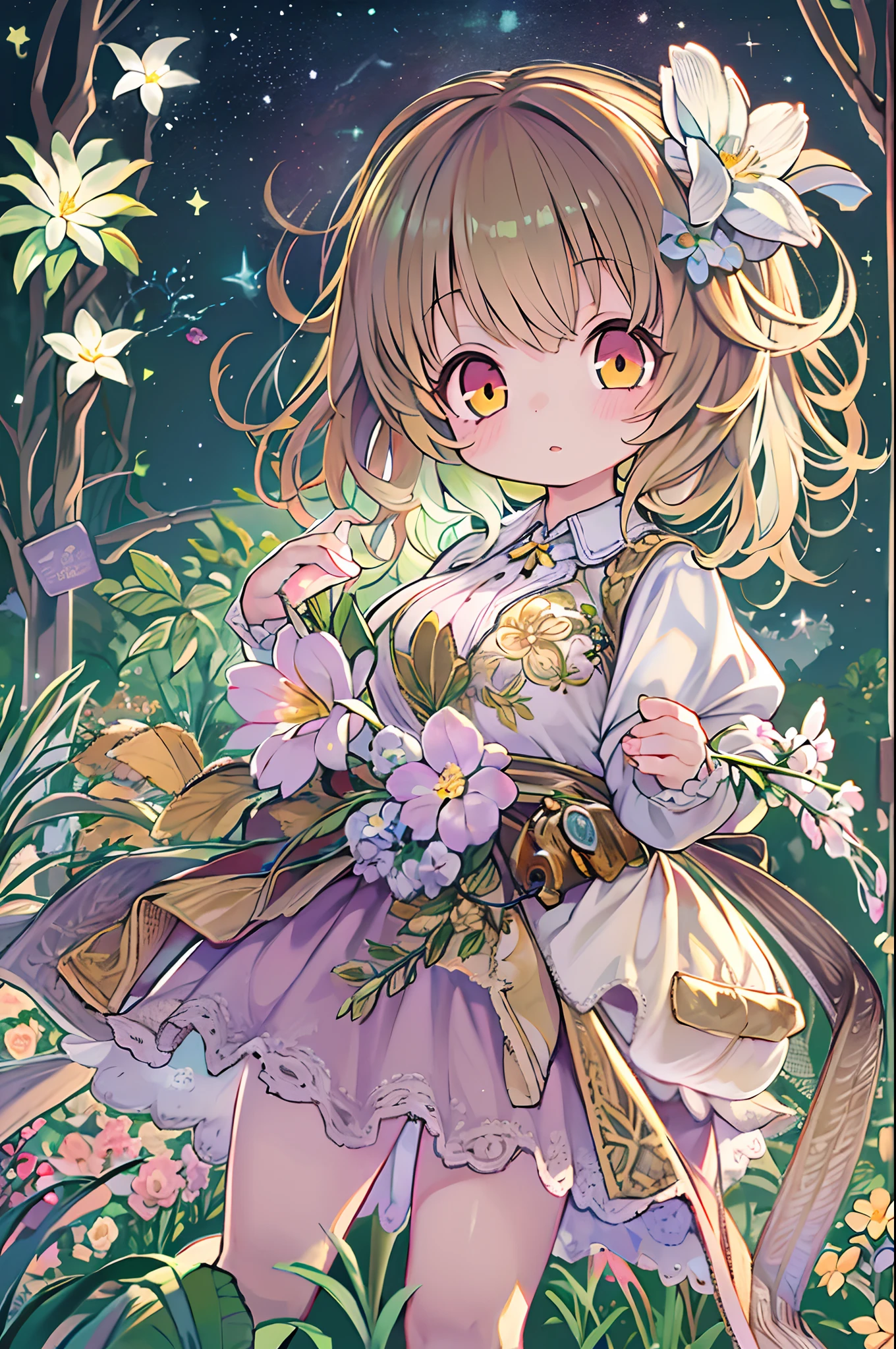of the highest quality, high_resolution, Distinct_image, Detailed background, girl, flower, garden, Starry sky,、Chibi