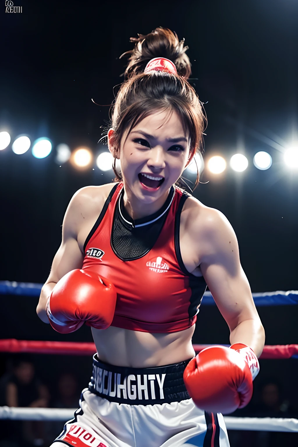 (best quality,ultra-detailed,realistic:1.37),portrait,low-key lighting,sharp focus,vibrant colors,boxing gloves,dynamic pose,stage lights,confident expression,athletic physique,action-packed scene,gritty atmosphere,high contrast,blurred background,vivid emotions,emphasized muscles,fast-paced movement,fierce determination,powerful punches,intense competition,sweat and adrenaline,hard-hitting action,high energy,physical strength,ring girl,crowd cheering,enthusiastic audience,boxing arena,classy and glamorous vibe,professional sportsmanship,feisty and powerful,boxing match,inspiring and empowering.((beautiful cute face, smile)), Huge boobs, nsfw, musculer,