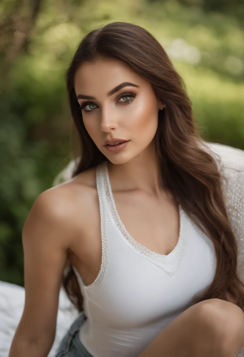 Arad woman in white vest and necklace, sexy girl with green eyes, portrait sophie mudd, brown hair and large eyes, selfie of a young woman, bedroom eyes, Violet Myers, nomake-up, Natural makeup, look straight at the camera, face with artgram, Subtle makeup, Stunning full-body shots, Piercing green eyes,Show her naked
