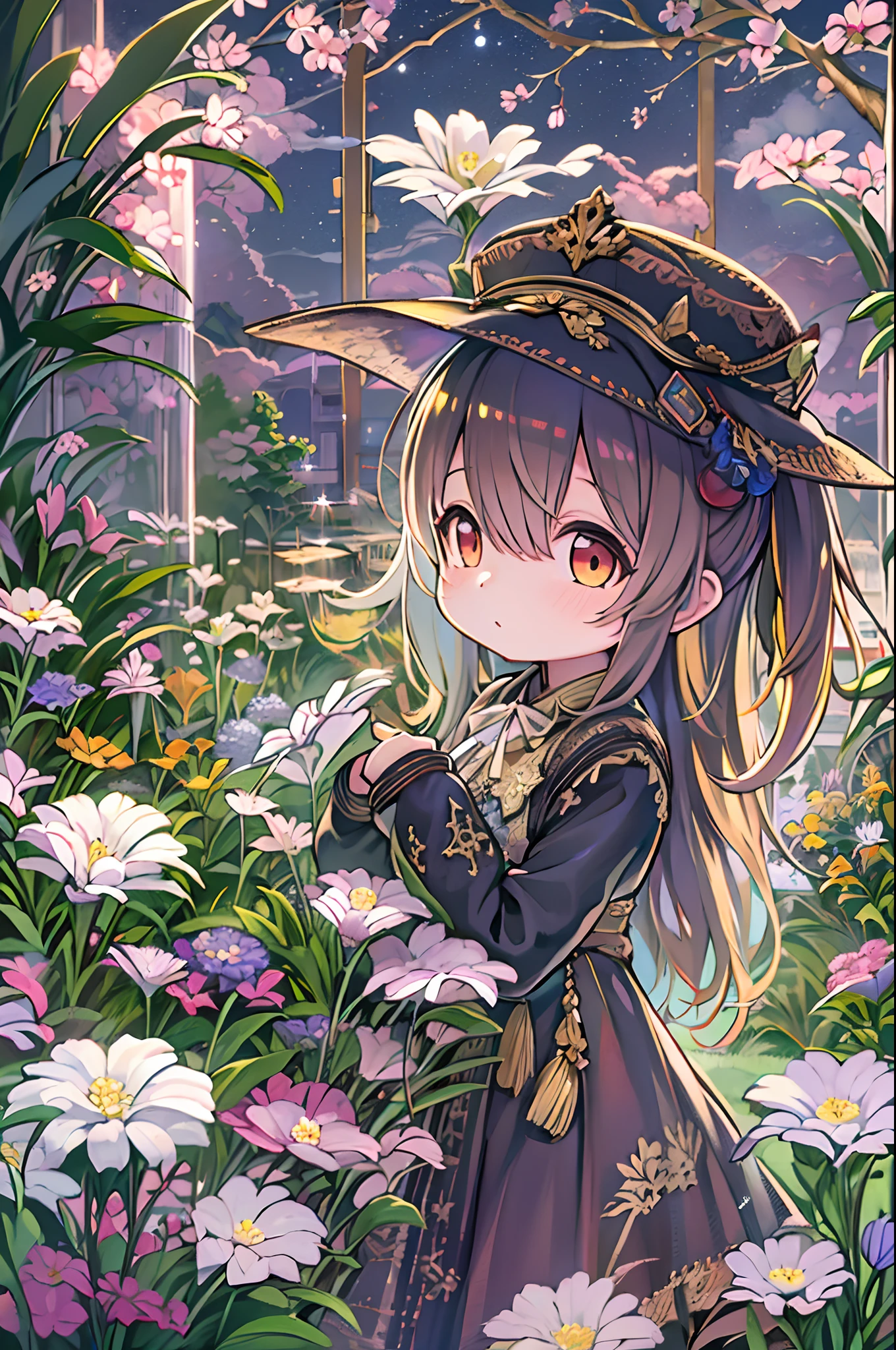 of the highest quality, high_resolution, Distinct_image, Detailed background, girl, flower, garden, Starry sky,、Chibi