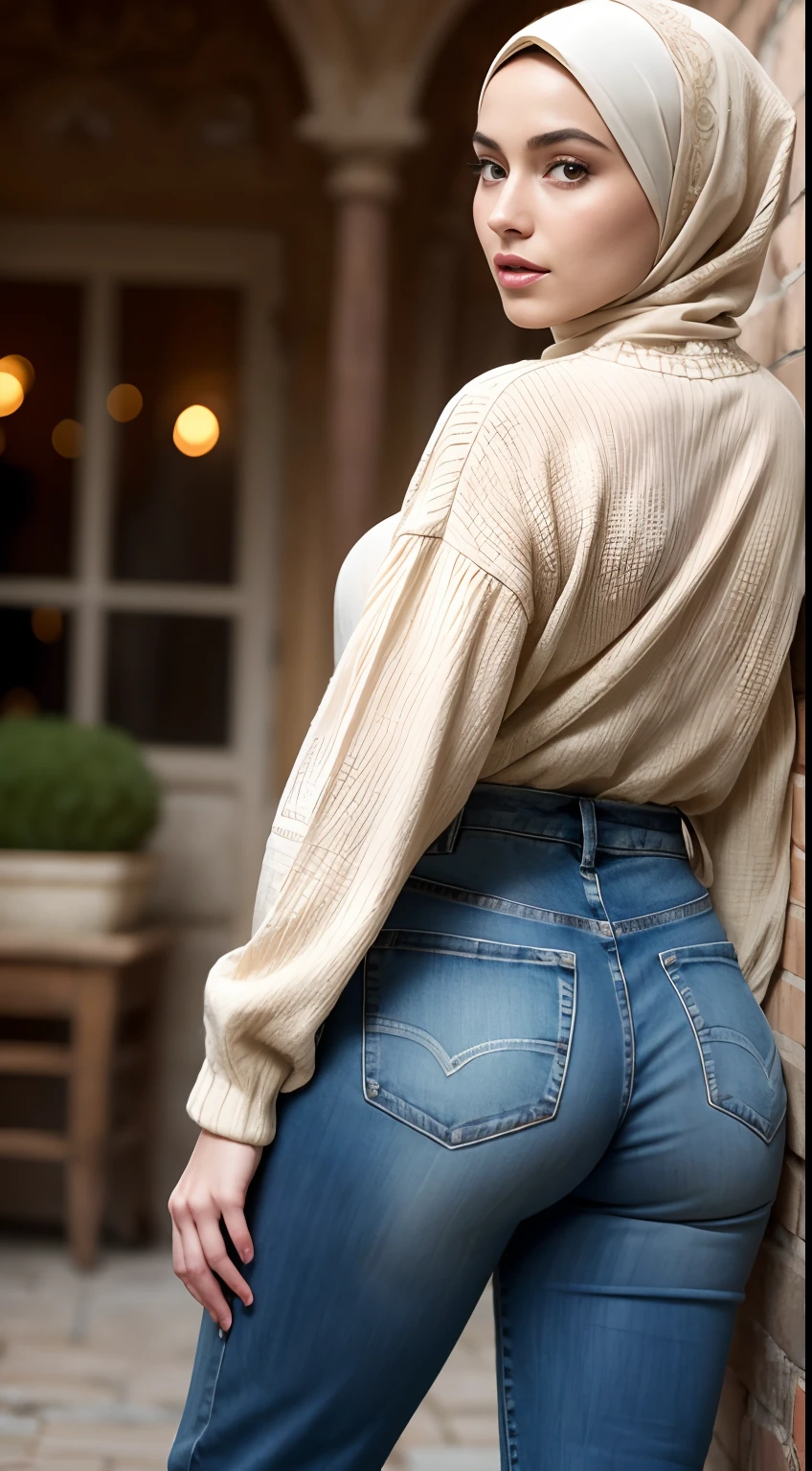 ....RAW, Best quality, High resolution, Masterpiece: 1.3), belle femme malaise en hijab, Masterpiece, Corps mince parfait, (gros seins), beaux grands yeux, Doux sourire, Masterpiece:1.2, Best quality), Realstic, (real picture, Intricate details, profondeur de champ，High-collared garments，pantalon en jean，Panoramic Camera), Lip Spacing, highly detailed, visage parfait, corps parfait, Large Models, mature woman, grand, longues jambes, turned around to show her ass, Fond naturel bokeh