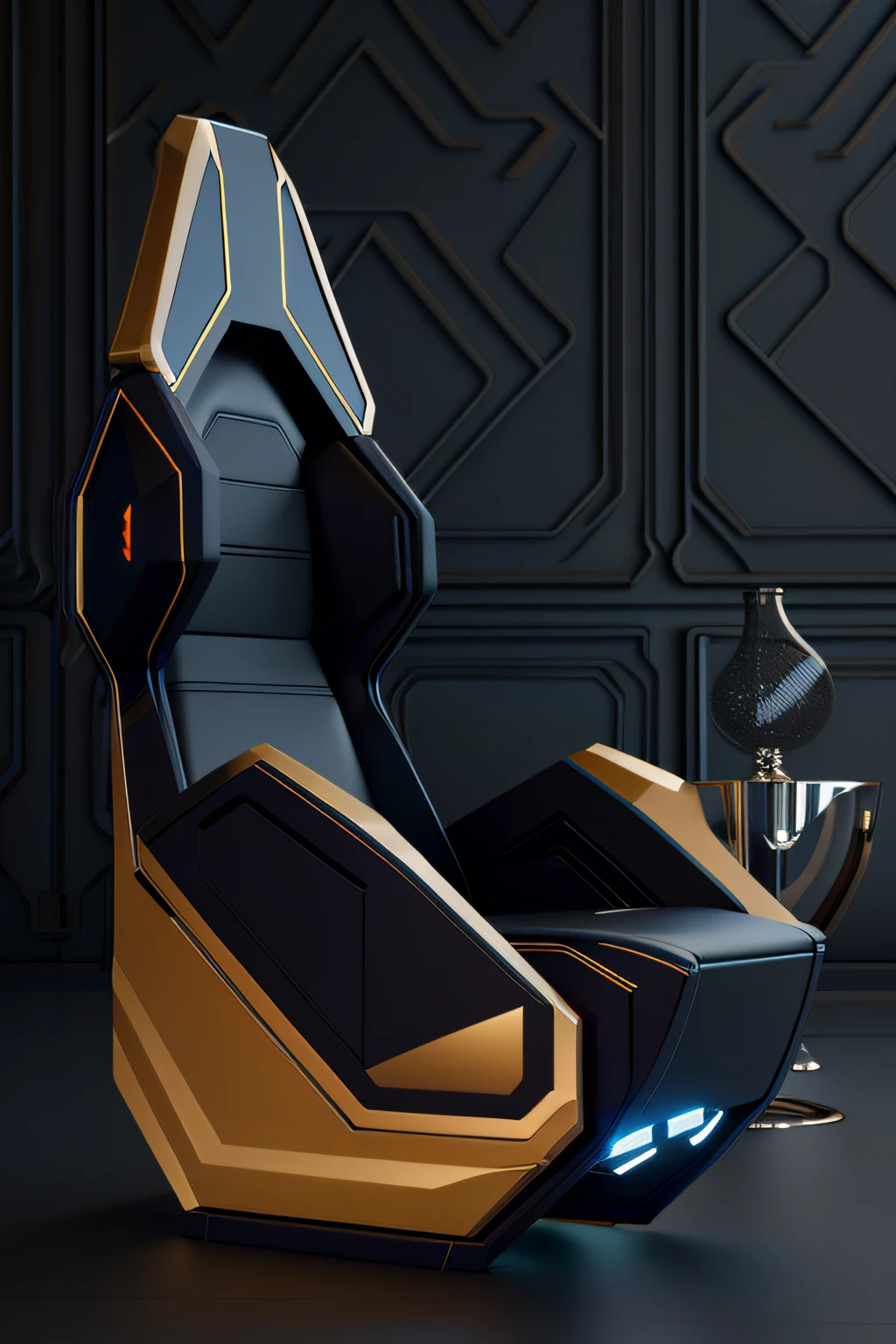 there is a futuristic chair that is sitting in a room, with retro sci fi furniture, scifi design, gaming chair as a toilet, futuristic interior, futuristic royalty, neofuturistic highly detailed, futuristic decoration, futuristic design, futuristic furniture, futuristic style, trending on polycount, scifi inspired, retro futuristic style, 3 d product render, 8k octane 3d render